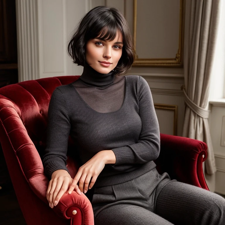 beautiful woman aged 33, dark straight short hair with fringe, head bowed, gently smiling, wearing a too long woolen gray turtleneck and black trousers, sitting on an elegant armchair, casual pose, thoughtful face,, cozy room in the rococo style in the background, moody light