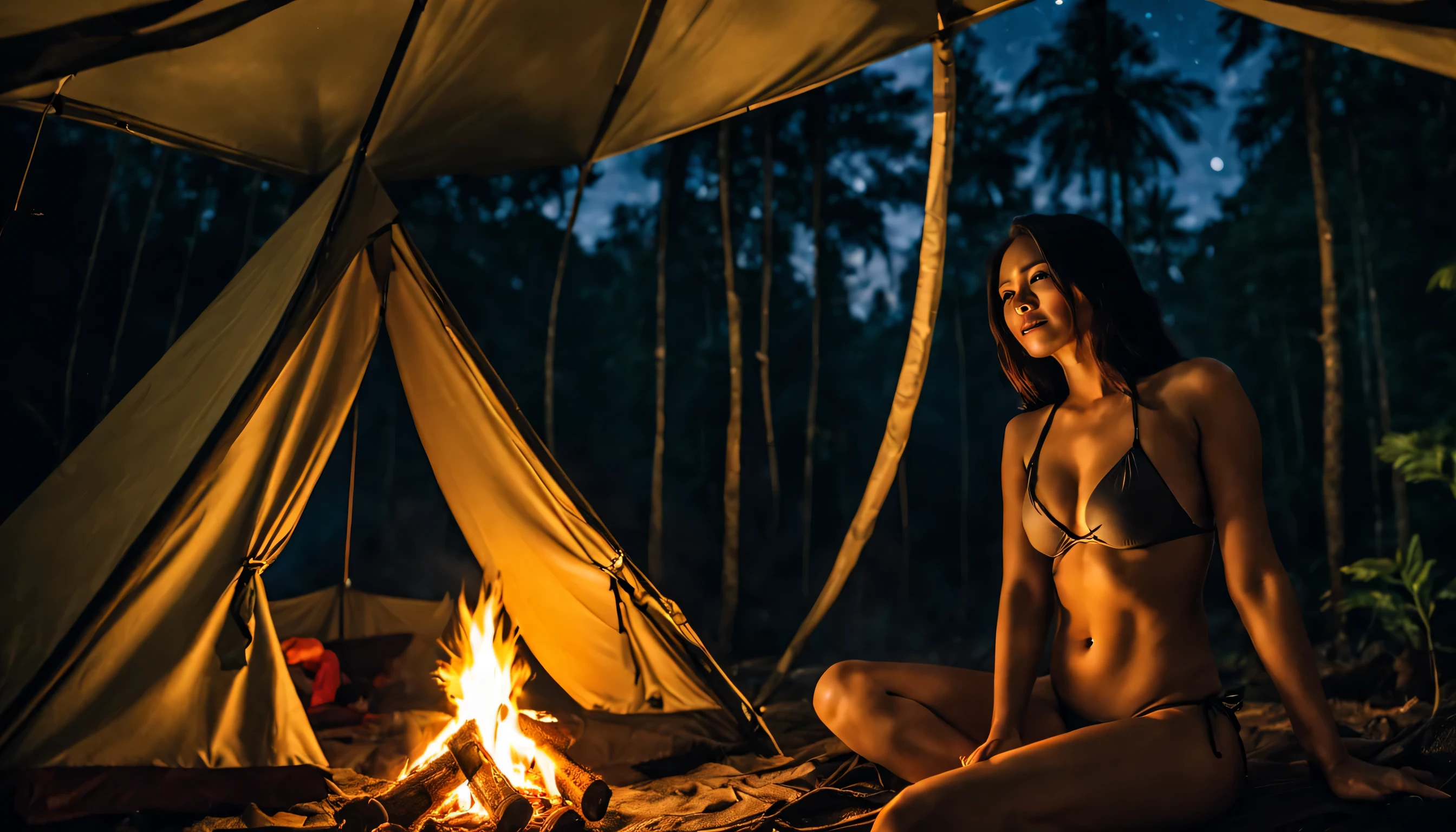 Beautiful Indonesian woman in bikini inside the tent, looking out of the tent, night atmosphere in the middle of the forest, beautiful scenery with a small bonfire outside.