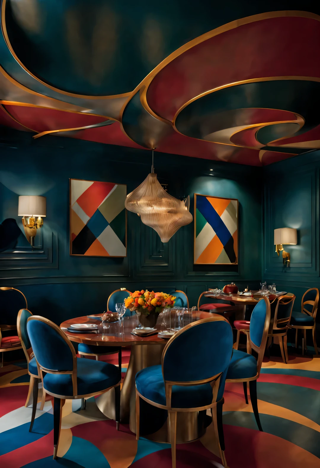 art deco, (Dining room), Crimson, Bright blue, Black, blue green, orange, Shark motif, Zebra stripes, zigzag pattern, ladder diagram, bold and sinuous curves, radial pattern decoration, It is a style of modern art design,author:Andre Lenot,Andrea Palladio,author:Peter Zumthor,dining room,gold leaf wall,antique wall,Wallpaper wall,carbon fiber floor,Glass floor,Steel floor,glare,documentary lighting, European style, Art Deco,two point perspective, Very detailed, best quality, masterpiece, high resolution, photorealism, 8k,