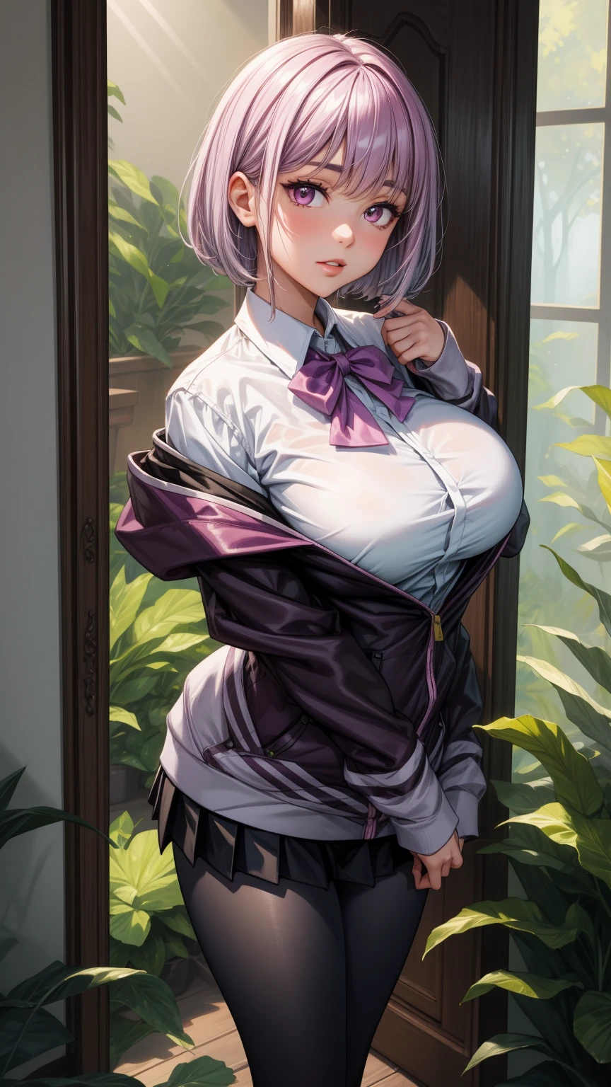 anime female character in school uniform, with short skirt,
BREAK
, shinjou akane, light purple hair, (pink eyes:1.2), short hair, (Beautiful,Huge_Breasts:1.3),
BREAK
, 1girl, solo, Standing in the garden, full body, full figure,
BREAK
, A breathtakingly beautiful garden filled with vibrant flowers, lush green plants, and a crystal-clear pond. The air is filled with the sweet scent of blooming flowers, and rays of golden sunlight gently filter through the leaves, creating a magical atmosphere, 
BREAK
, black pantyhose, bow, collared shirt, hood, hooded jacket, jacket, open clothes, open jacket, open shirt, pantyhose, purple bow, purple jacket, school uniform, shirt, sleeves past wrists, unbuttoned shirt, white shirt, short skirt, 
BREAK
, beautiful detailed eyes, beautiful detailed lips, extremely detailed eyes and face, long eyelashes,
BREAK
, medium: oil painting, atmospheric lighting, dreamy color palette, detailed interior decoration, quiet and peaceful ambiance,
BREAK
, (best quality,4k,8k,highres,masterpiece:1.2), ultra-detailed, official art, extremely detailed CG unity 8k wallpaper, perfect lighting, Colorful, (best_quality:1.0), ultra high res,4K, ultra-detailed, 8K, HDR, high resolution,  absurdres:1.2, film grain, blurry background, (vibrant_color:1.2), (beautiful_face:1.5), (narrow waist),