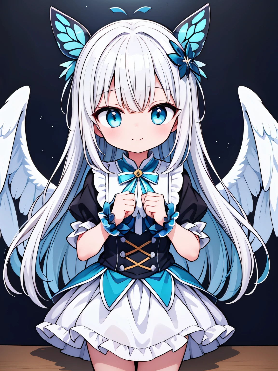 highest quality、table top、super detailed、perfect face、very detailed、very delicate、1 boy, (scared), Angel, blanche髪、long hair、Gorgeolanche'Hello),(blanche光輪) dark, shining eyes, light green eyes, Angel wings, holy, , blancheのチュニック, 2対のblanche angel wings, full of confidence,smile, collofull eyes, contrast, shadowy, table top, digital art, shining eyes, Intimidating, damaged, devilish, abstract background, blanche, black and teal、両手にblancheく輝く星を浮かばせる、fear、A light blue butterfly dances、Please make the background transparent
