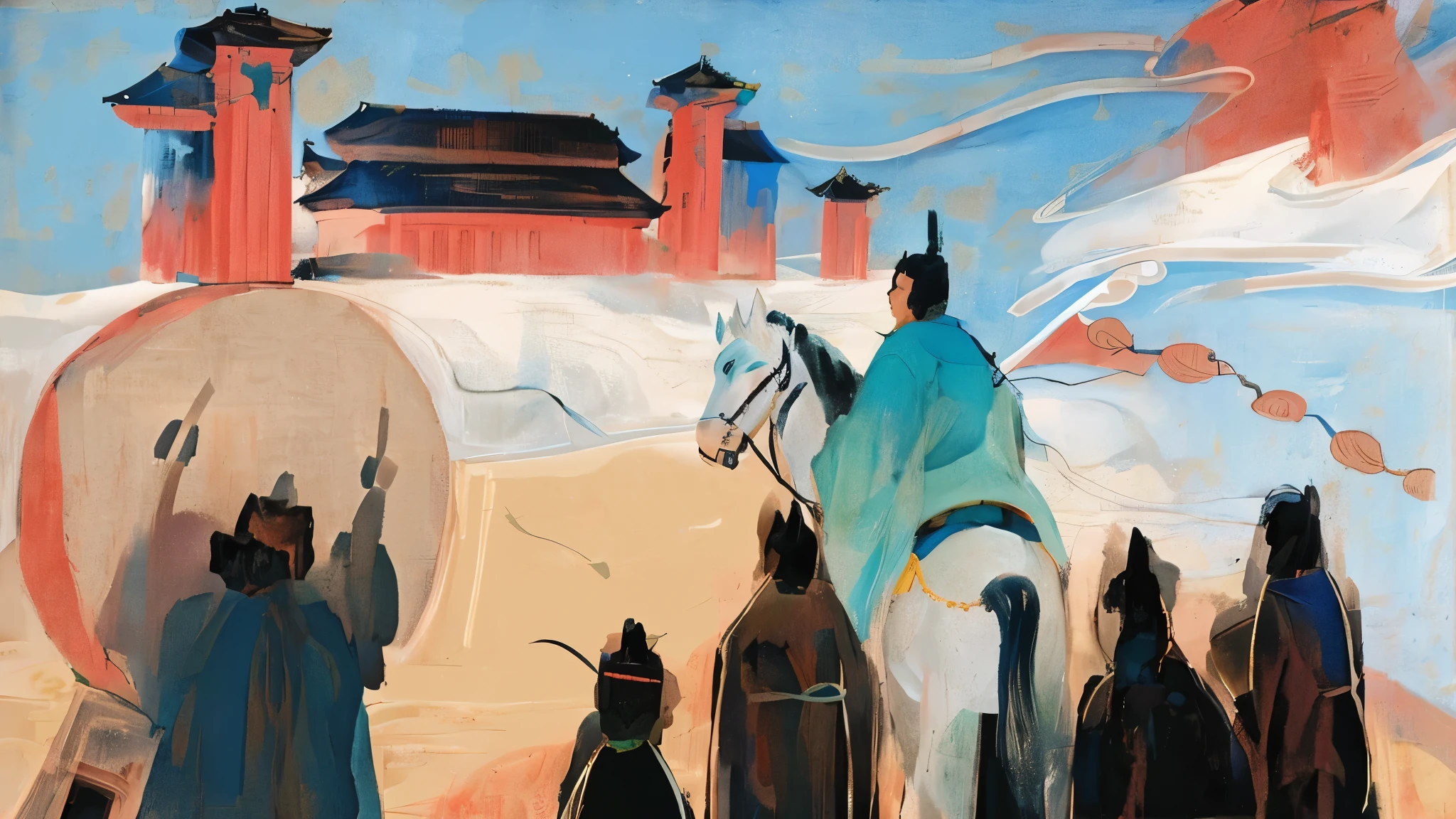 The painting shows a man riding a horse,A group of people looked at him, Inspired by Ji Yunfei, Three Kingdoms of China, inspired Emperor Xuande, Inspired by Song Huizong, Emperor Xuande, Confucius and jury trials, from the three kingdoms, one example, Inspired by Xu Beihong, Inspired by Zhang Sengyao