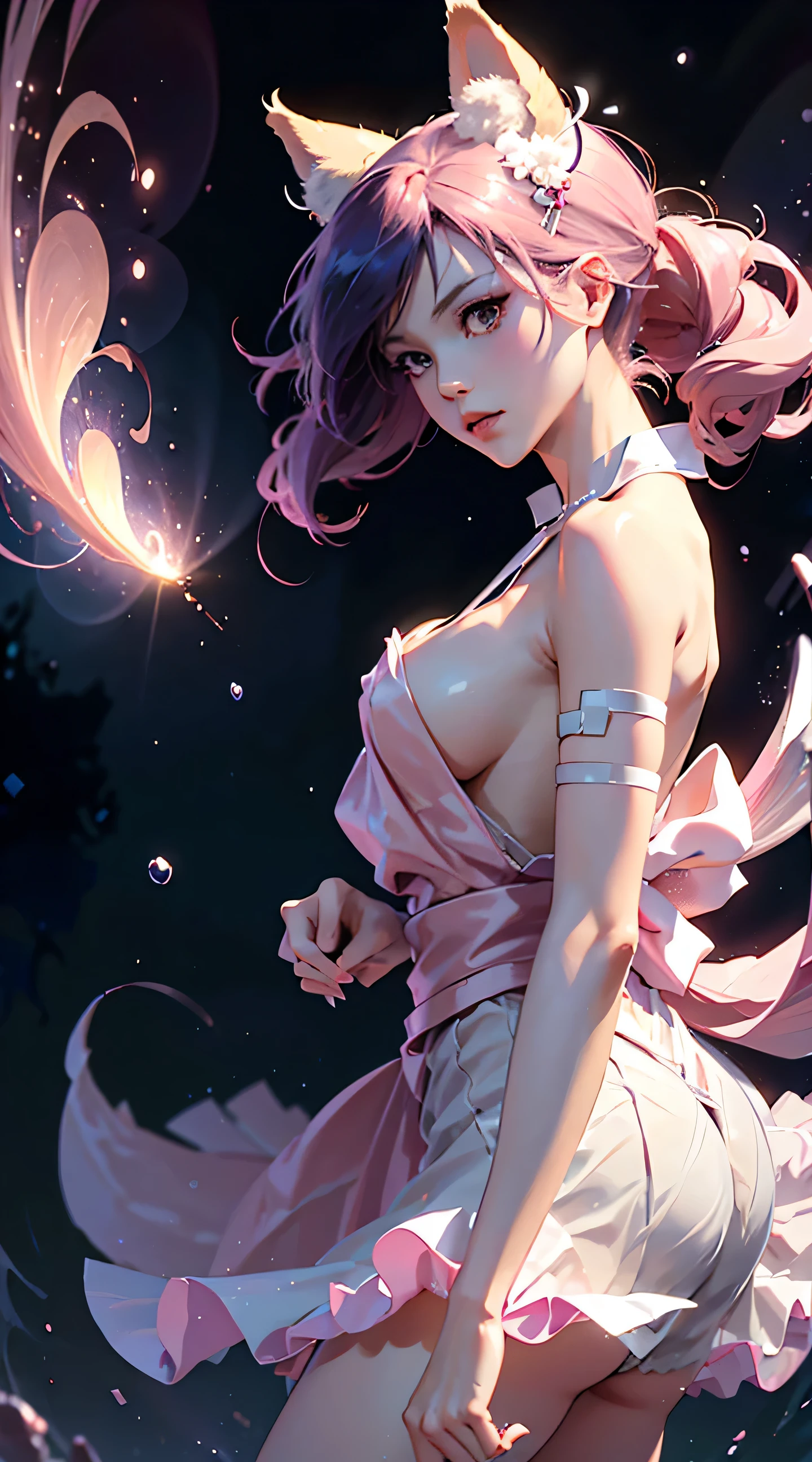 Nine snow-white fox tails (1.0), milky fox tail (1.0), fox close-up of nine tails, nine-tails, nine-tails, anime girl with pink hair and pink dress with flowers on her hair, very beautiful anime fox girl, beautiful anime fox girl, beautiful fantasy anime, guweiz, anime girl with fox ears, beautiful anime girl, very beautiful and cute fox girl, pink flower rain, background blur, anime style 4 K, anime fantasy artwork, 4k anime wallpaper, Artwork in the Guvez styleHD lighting and dark )<=(epic image quality)dark atmosphere with bright particle light(many effects in background)