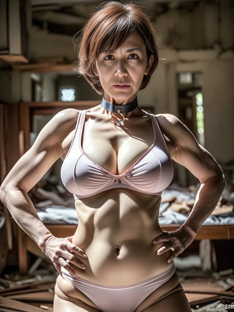 masterpiece,top-quality,higher rank,(A MILF_femele:1.3),(60-year-old grandmother:1.5),maikurobikini,large full breasts,cleavage of the breast,Very big breasts,a navel,hyper realstic,Sheer,deadpan,be in agony,Being in an abandoned house,Wearing a thick collar