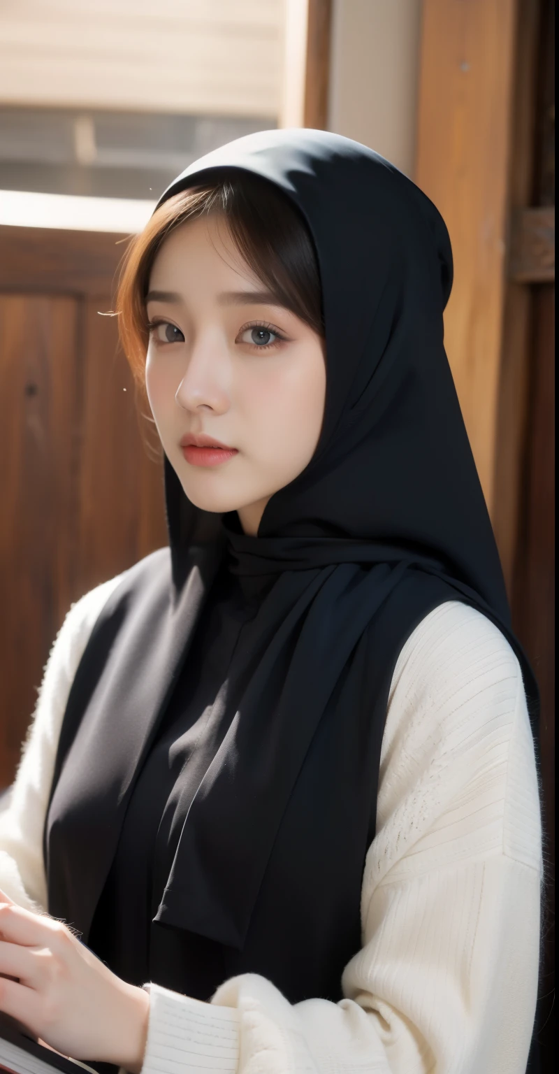 (best quality,4k,8k,highres,masterpiece:1.2),ultra-detailed,eyes detailed, face bright,Realistic face glow,(realistic,photorealistic,photo-realistic:1.37),19years old girl, Pasmina hijab abaya,blue hijab pasmina,asian korean beautiful girl girl,book,style sex +18,book Arabic,erotic Asian korean