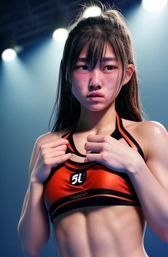 Crying beautiful girl idol female mixed martial artist。Collapsed in the ring。nosebleed。scratch。Sweat。delicate。Torn Bikini。
