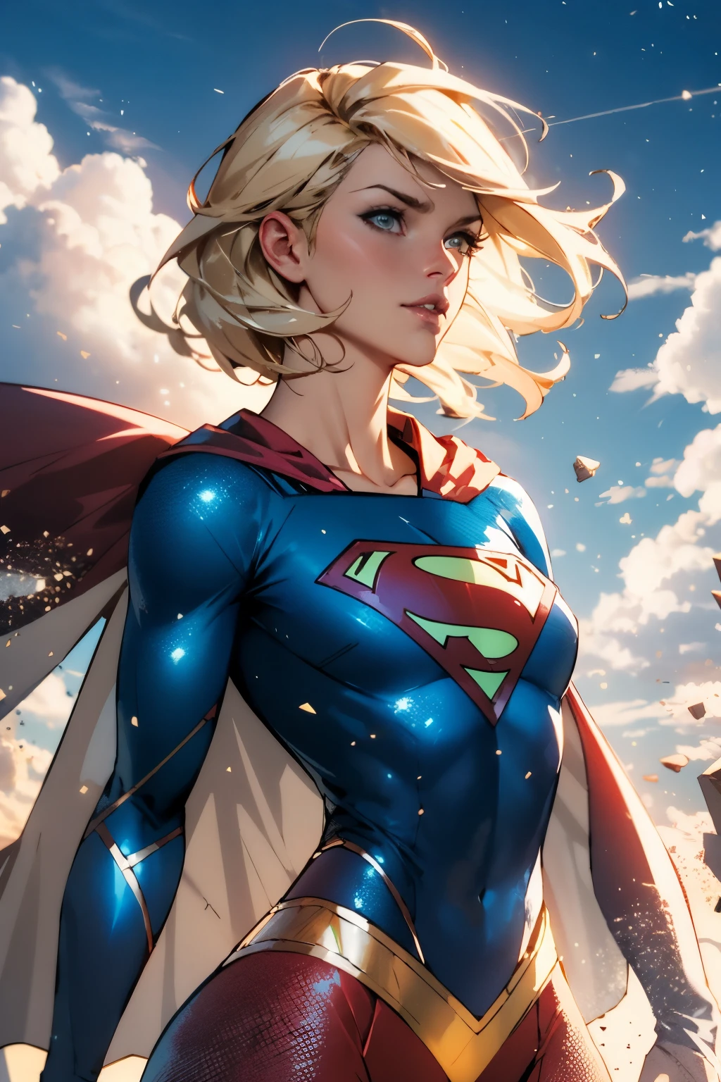 nijistyle, cowboy shot of supergirl, blonde hair, cape, particles, clouds, sky 