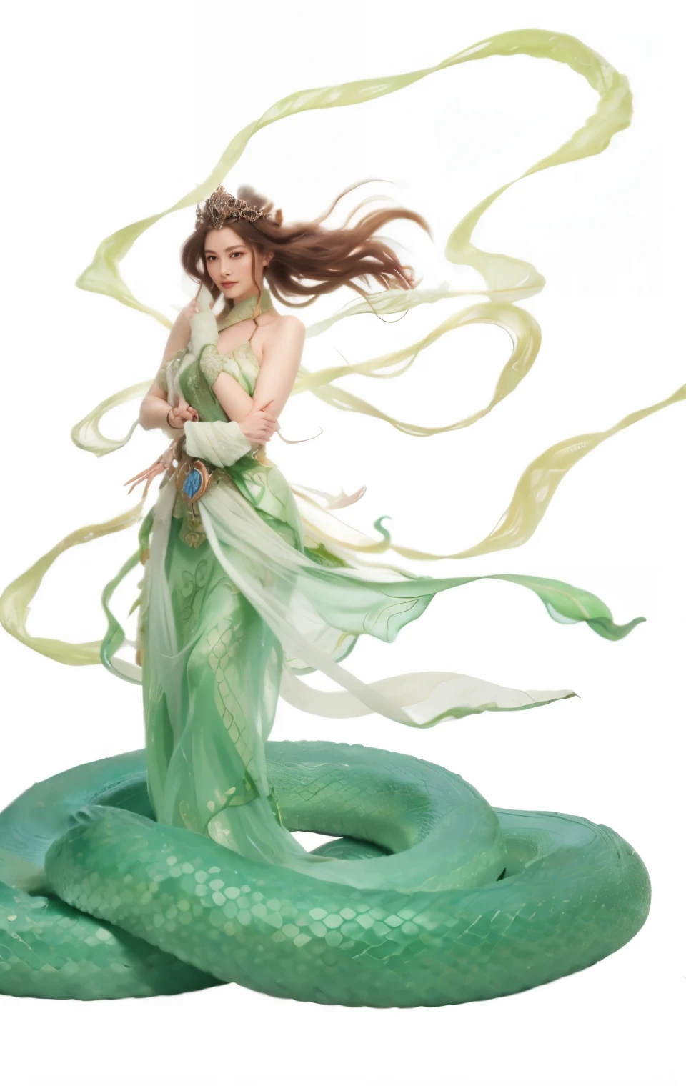 a woman in a green dress is standing on a green snake, lamia, serpentine pose, queen of the sea mu yanling, beautiful female gorgon, full body xianxia, queen of snakes, her many snakes as hair, inspired by Lan Ying, octopus goddess, ((a beautiful fantasy empress)), snake woman hybrid, inspired by Ju Lian