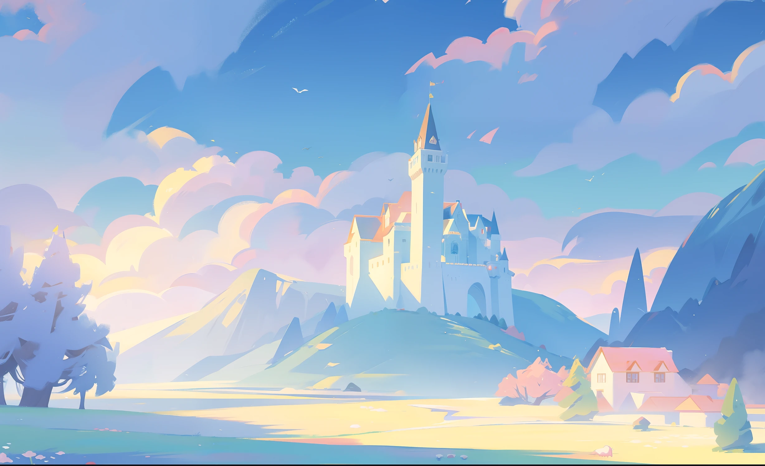 Picture book illustration, watercolor storybook illustration, Castelo da princesa, Castelo de conto de fadas, Torres de conto de fadas, nuvens, cores pastel vibrantes, sonhar, colorida, caprichoso, magical, obra de arte, melhor qualidade, sharp focus, ambiente intrincadamente detalhado, detalhe fino, 8k resolution