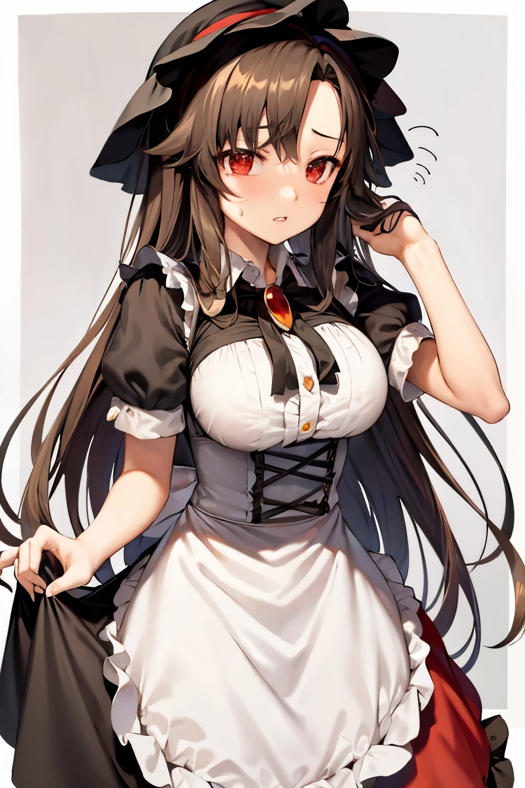 masterpiece, best quality, 1girl, imaizumi kagerou, solo, maid, animal ears, long hair, brooch, enmaided, red eyes, apron, wolf ears, jewelry, brown hair, long sleeves, alternate costume, looking at viewer, dress, mob cap, puffy sleeves, breasts, hat, hair ornament, simple background, maid apron, juliet sleeves, very long hair, hairclip, maid headdress, black dress, skirt hold, sweatdrop, bangs, blush, cowboy shot, white apron, large breasts, swept bangs, frills, hand in own hair, standing, hand up, white headwear, border, parted lips, grey background, white border, ascot, wing collar, sleeve cuffs, frilled apron