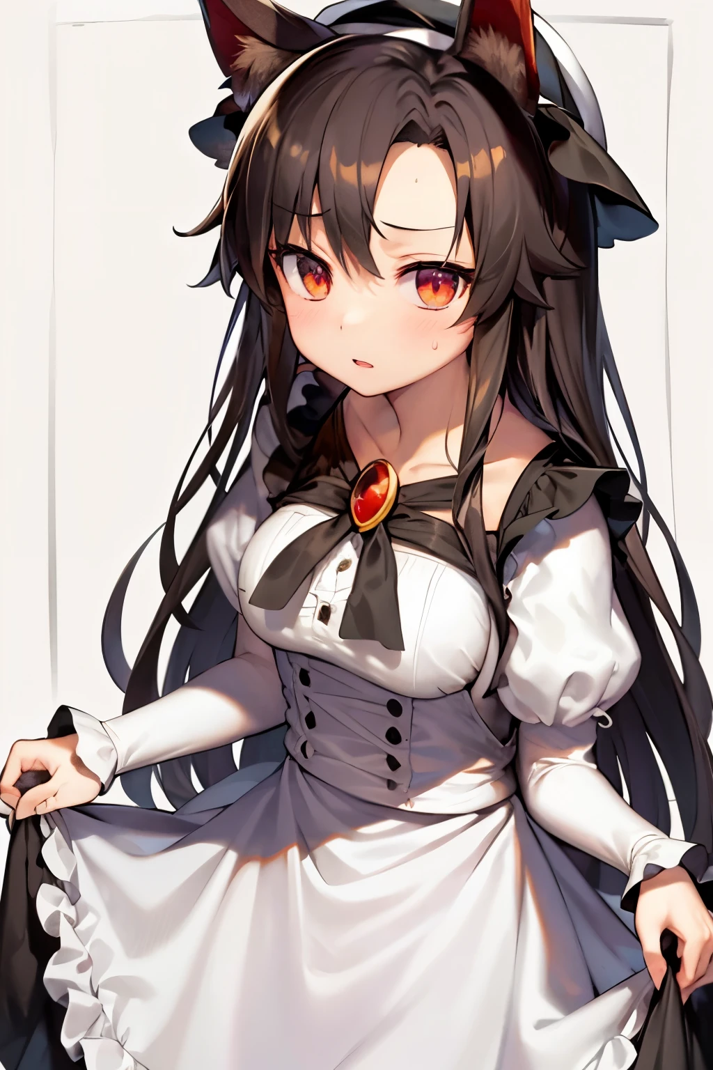 masterpiece, best quality, 1girl, imaizumi kagerou, solo, maid, animal ears, long hair, brooch, enmaided, red eyes, apron, wolf ears, jewelry, brown hair, long sleeves, alternate costume, looking at viewer, dress, mob cap, puffy sleeves, breasts, hat, hair ornament, simple background, maid apron, juliet sleeves, very long hair, hairclip, maid headdress, black dress, skirt hold, sweatdrop, bangs, blush, cowboy shot, white apron, large breasts, swept bangs, frills, hand in own hair, standing, hand up, white headwear, border, parted lips, grey background, white border, ascot, wing collar, sleeve cuffs, frilled apron