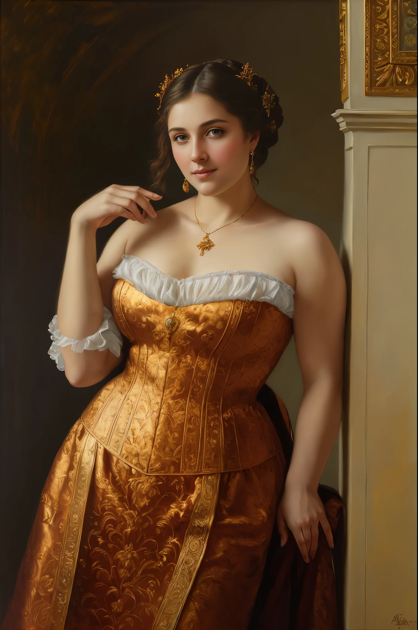 Masterpiece, Best quality, Ethereal beauty, portrait, girl, 35 years old Woman, middle ages, classicism, andrey atroshenko style, painting, traditional media, realistic, figurative, fine art, oil on canvas, HDR, 8K, original character, high resolution, high detail, focus on the face
