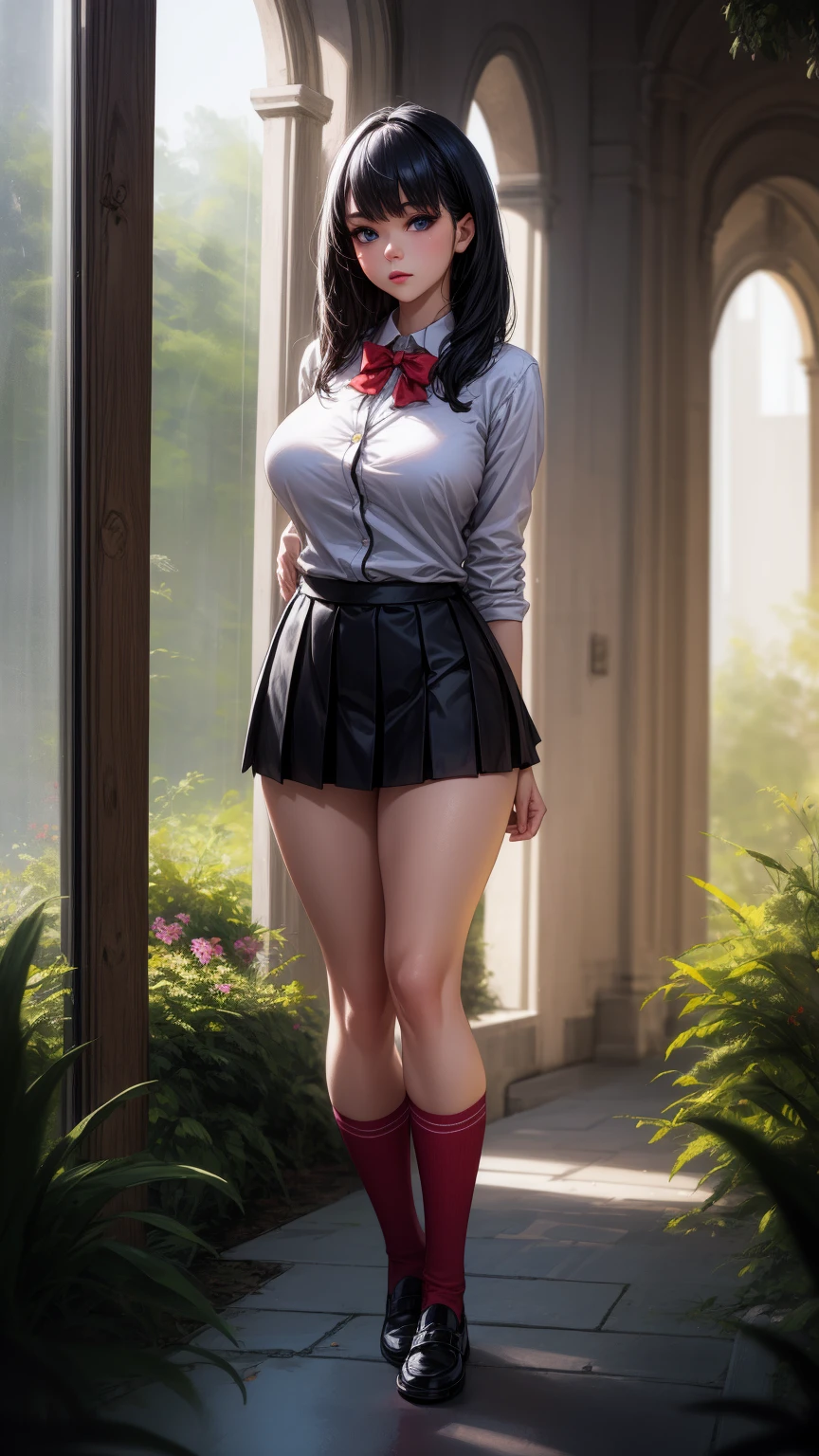 anime female character in school uniform, with short skirt,
BREAK
, rikka takarada, black hair, blue eyes, long hair, orange scrunchie, scrunchie, wrist scrunchie, (Beautiful,Huge_Breasts:1.3),
BREAK
, 1girl, solo, Standing in the garden, full body, full figure,
BREAK
, A breathtakingly beautiful garden filled with vibrant flowers, lush green plants, and a crystal-clear pond. The air is filled with the sweet scent of blooming flowers, and rays of golden sunlight gently filter through the leaves, creating a magical atmosphere, 
BREAK
, black footwear, black skirt, bow, bowtie, buttons, cardigan, collared shirt, long sleeves, microskirt, pleated skirt, red bow, red bowtie, red socks, school uniform, shirt, shoes, skirt, socks, thighs, white cardigan, white shirt, short skirt, 
BREAK
, beautiful detailed eyes, beautiful detailed lips, extremely detailed eyes and face, long eyelashes,
BREAK
, medium: oil painting, atmospheric lighting, dreamy color palette, detailed interior decoration, quiet and peaceful ambiance,
BREAK
, (best quality,4k,8k,highres,masterpiece:1.2), ultra-detailed, official art, extremely detailed CG unity 8k wallpaper, perfect lighting, Colorful, (best_quality:1.0), ultra high res,4K, ultra-detailed, 8K, HDR, high resolution,  absurdres:1.2, film grain, blurry background, (vibrant_color:1.2), (beautiful_face:1.5), (narrow waist),