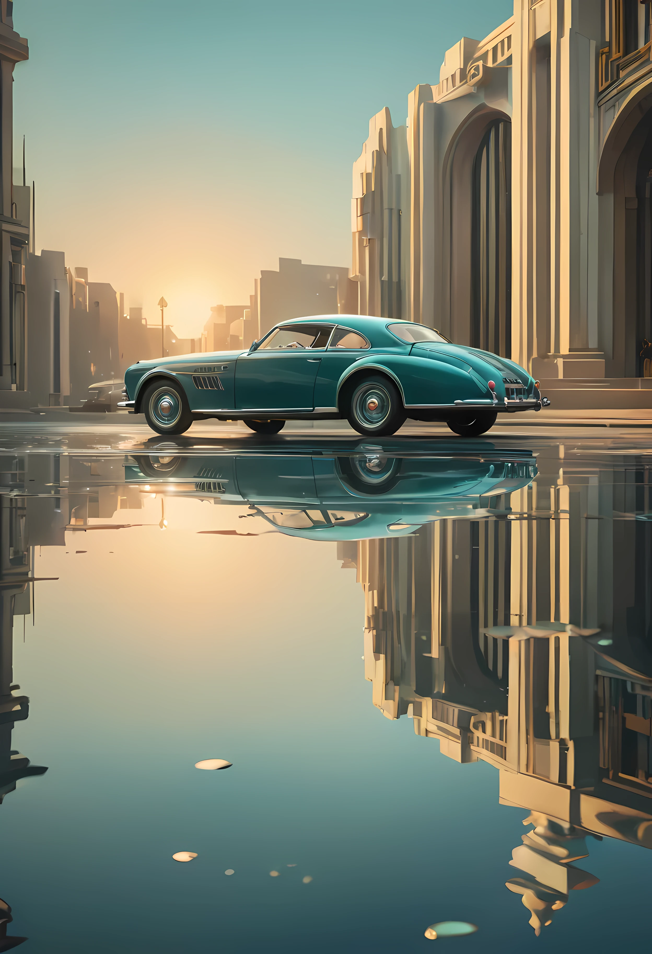 ((art_deco_painting:)1.5), ((soft_color_tones):1.4), ((crystal clear water reflection background):1.3),((Movie-like still images and dynamic angles):1.3), ((cool and beautiful shadow silhouette):1.1), ((Unparalleled sharpness and clarity):1.1), ((Radiosity rendered in stunning 32K resolution):1.3), ((All captured with sharp focus):1.1). | ((art_deco_car):1.3),painting,chrome detailing,smooth lines,vibrant colors,reflective surface,shiny finish,classic design,elegant curves,geometric patterns,streamlined shape,luxurious interior,opulent materials,nostalgic atmosphere,iconic silhouette,elegantly crafted,decadent style,exquisite craftsmanship,timeless masterpiece,sunlight glimmering,glowing headlights,chrome accessories,sophisticated aesthetic,impressive elegance,glamorous presence,graceful motion,rich textures,stunning visual,attention to detail,lavish interior,refined beauty,eye-catching design,classy and elegant,vintage charm,vivid colors,striking contrast,impeccable proportions,meticulous attention,handcrafted luxury,majestic appearance,luxury and grandeur,imposing presence,immaculate finish