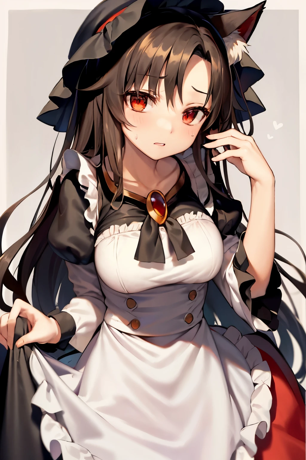 masterpiece, best quality, 1girl, imaizumi kagerou, solo, maid, animal ears, long hair, brooch, enmaided, red eyes, apron, wolf ears, jewelry, brown hair, long sleeves, alternate costume, looking at viewer, dress, mob cap, puffy sleeves, breasts, hat, hair ornament, simple background, maid apron, juliet sleeves, very long hair, hairclip, maid headdress, black dress, skirt hold, sweatdrop, bangs, blush, cowboy shot, white apron, large breasts, swept bangs, frills, hand in own hair, standing, hand up, white headwear, border, parted lips, grey background, white border, ascot, wing collar, sleeve cuffs, frilled apron