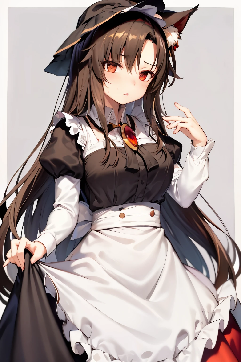 masterpiece, best quality, 1girl, imaizumi kagerou, solo, maid, animal ears, long hair, brooch, enmaided, red eyes, apron, wolf ears, jewelry, brown hair, long sleeves, alternate costume, looking at viewer, dress, mob cap, puffy sleeves, breasts, hat, hair ornament, simple background, maid apron, juliet sleeves, very long hair, hairclip, maid headdress, black dress, skirt hold, sweatdrop, bangs, blush, cowboy shot, white apron, large breasts, swept bangs, frills, hand in own hair, standing, hand up, white headwear, border, parted lips, grey background, white border, ascot, wing collar, sleeve cuffs, frilled apron