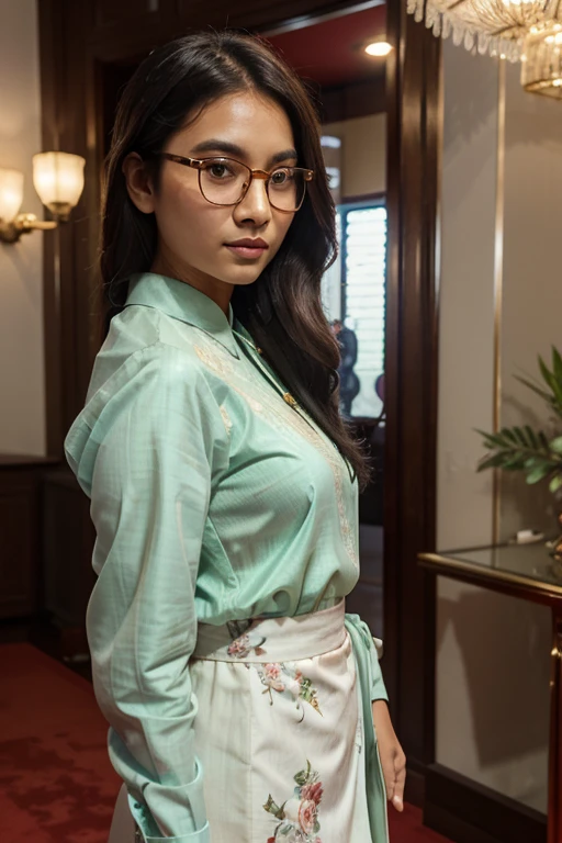 A 3d handsome Burmese boy, wearing white shirt with long sleeves and dark blue burmese longgyi, neat and tidy hair, glassess and beautiful girl,wearing light green burmese blouse with long sleeve and floral printed light green burmese longgyi,long wavy hair, glasses,walking on the red carpet,the cultural essence incorporating traditional Burmese attire, the intricate details of the red carpet ceremony ,lighting and color to enhance the mood of the scene, 8k