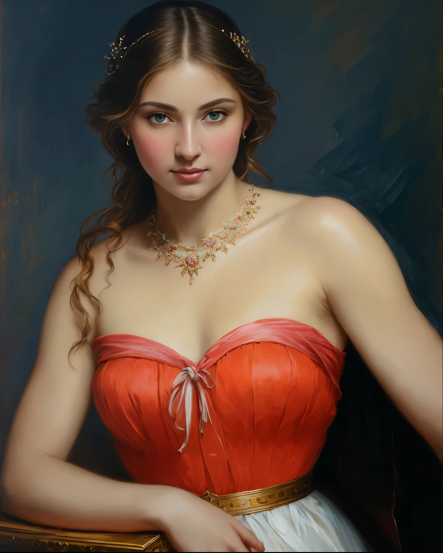 Masterpiece, Best quality, Ethereal beauty, portrait, girl, 35 years old Woman, middle ages, classicism, andrey atroshenko style, painting, traditional media, realistic, figurative, fine art, oil on canvas, HDR, 8K, original character, high resolution, high detail, focus on the face