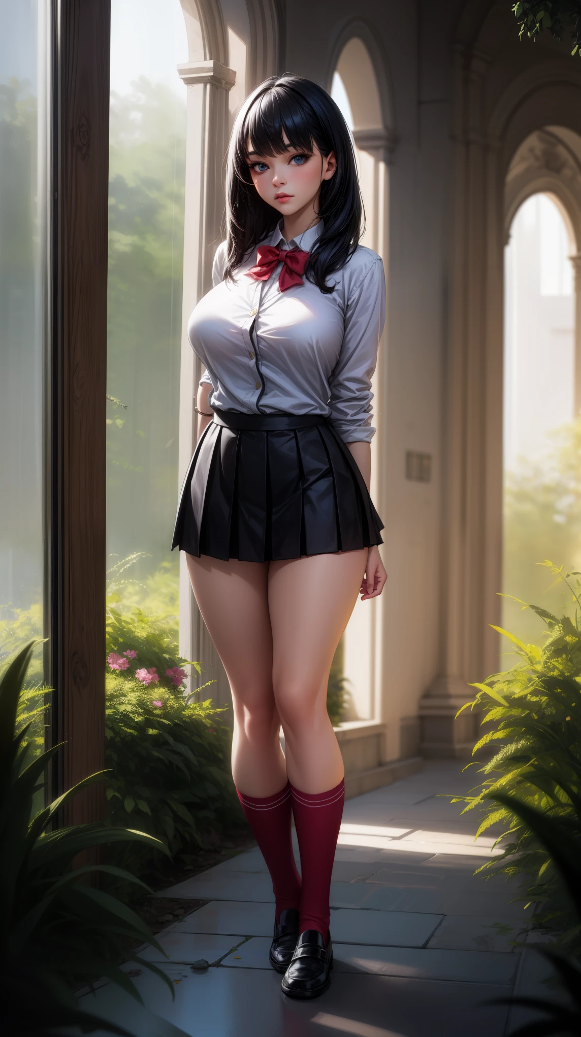 anime female character in school uniform, with short skirt,
BREAK
, rikka takarada, black hair, blue eyes, long hair, orange scrunchie, scrunchie, wrist scrunchie, (Beautiful,Huge_Breasts:1.3),
BREAK
, 1girl, solo, Standing in the garden, full body, full figure,
BREAK
, A breathtakingly beautiful garden filled with vibrant flowers, lush green plants, and a crystal-clear pond. The air is filled with the sweet scent of blooming flowers, and rays of golden sunlight gently filter through the leaves, creating a magical atmosphere,
BREAK
, black footwear, black skirt, bow, bowtie, buttons, cardigan, collared shirt, long sleeves, microskirt, pleated skirt, red bow, red bowtie, red socks, school uniform, shirt, shoes, skirt, socks, thighs, white cardigan, white shirt, short skirt,
BREAK
, beautiful detailed eyes, beautiful detailed lips, extremely detailed eyes and face, long eyelashes,
BREAK
, medium: oil painting, atmospheric lighting, dreamy color palette, detailed interior decoration, quiet and peaceful ambiance,
BREAK
, (best quality,4k,8k,highres,masterpiece:1.2), ultra-detailed, official art, extremely detailed CG unity 8k wallpaper, perfect lighting, Colorful, (best_quality:1.0), ultra high res,4K, ultra-detailed, 8K, HDR, high resolution, absurdres:1.2, film grain, blurry background, (vibrant_color:1.2), (beautiful_face:1.5), (narrow waist),