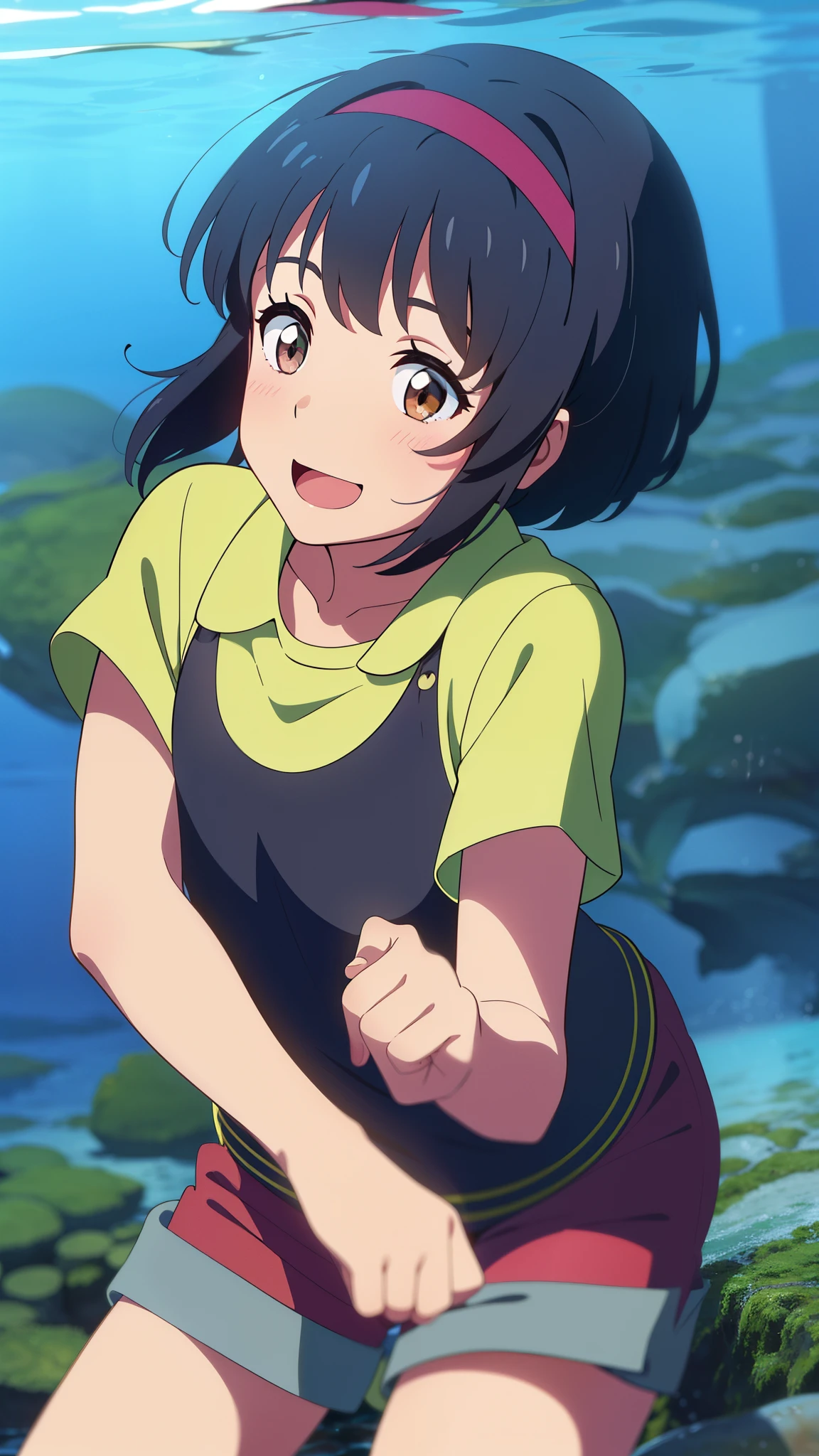 shinkai makoto, kimi no na wa., 1girl, bangs, black hair, blush, brown eyes, shiny skin, red headband, casual shirt, women's shorts, shorts, short hair, smile, cute, solo, happy, open mouth, Hair floating on water, under the water, upper-body, close-up, reefs, sea weed, deep blue underwater, seaweed, a sea turtle, anglerfish