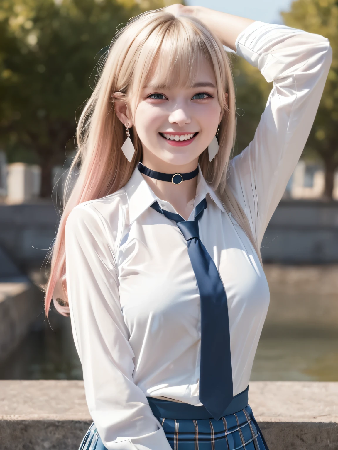 mix 4, (8K, RAW photo, highest quality, masterpiece: 1.45), (realistic, photorealistic: 1.37), Kitagawa Marine,  (blonde hair, pink gradient hair), ((long hair, Sink bangs,colorful hair, red eyes)),pose like a model,((Bold pose with arms above head))、japanese woman, ************,high school student、model body shape, (big breasts:1.3), thin waist, beautiful face, beautiful eyes, , jewelry,earrings, white shirt, Tied shirts, black choker,  blue tie, plaid skirt,  grin and laugh, smile, Are standing, cowboy shot, outdoor、hight school, 1 girl, alone, detailed face and eyes, upper body photo. realistic, realistic.MarinGyaru,school_uniform