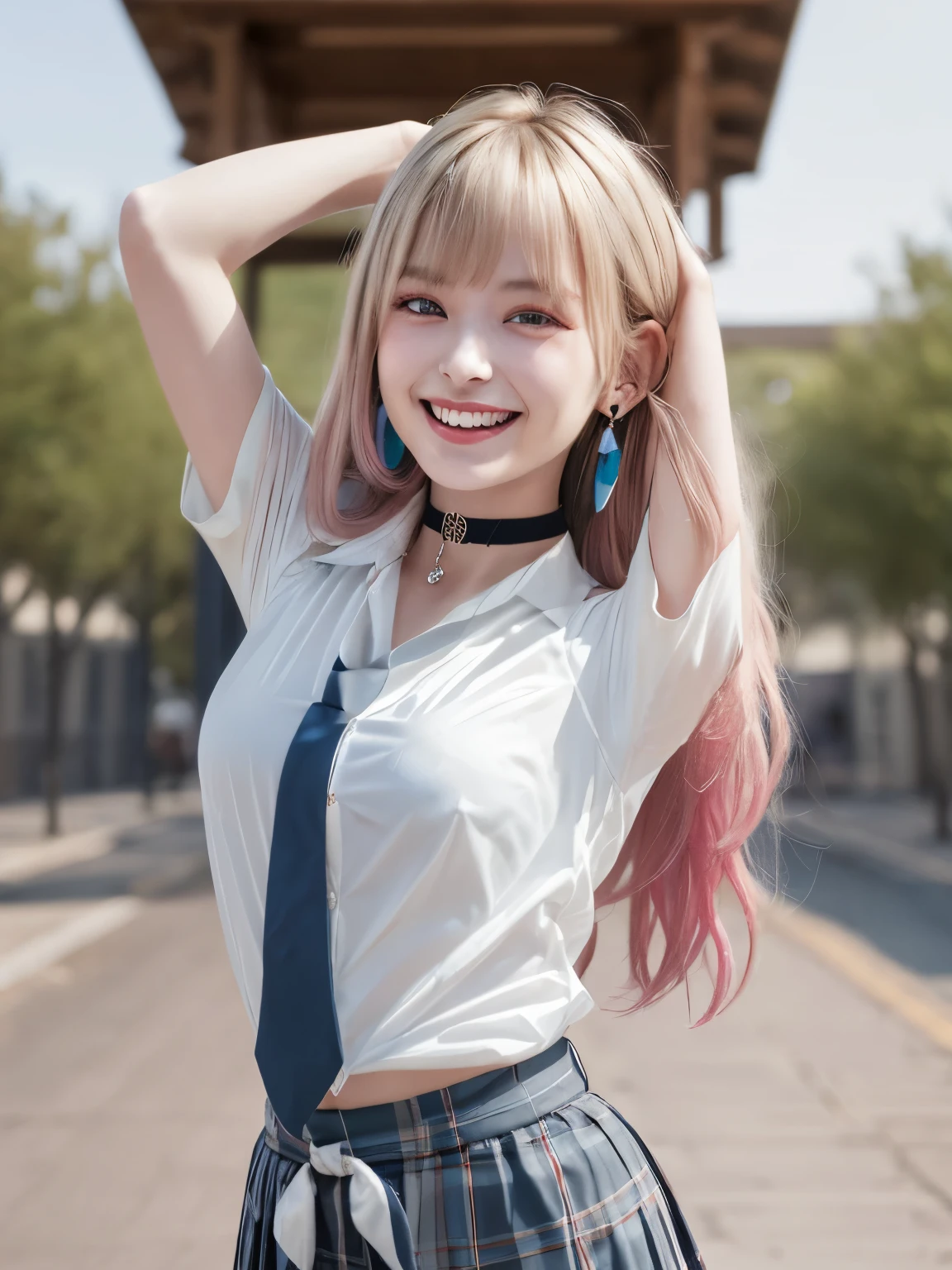 mix 4, (8K, RAW photo, highest quality, masterpiece: 1.45), (realistic, photorealistic: 1.37), Kitagawa Marine,  (blonde hair, pink gradient hair), ((long hair, Sink bangs,colorful hair, red eyes)),pose like a model,((Bold pose with arms above head))、japanese woman, ************,high school student、model body shape, (big breasts:1.1), thin waist, beautiful face, beautiful eyes, , jewelry,earrings, white shirt, Tied shirts, black choker,  blue tie, plaid skirt,  grin and laugh, smile, Are standing, cowboy shot, outdoor、hight school, 1 girl, alone, detailed face and eyes, upper body photo. realistic, realistic.MarinGyaru,school_uniform