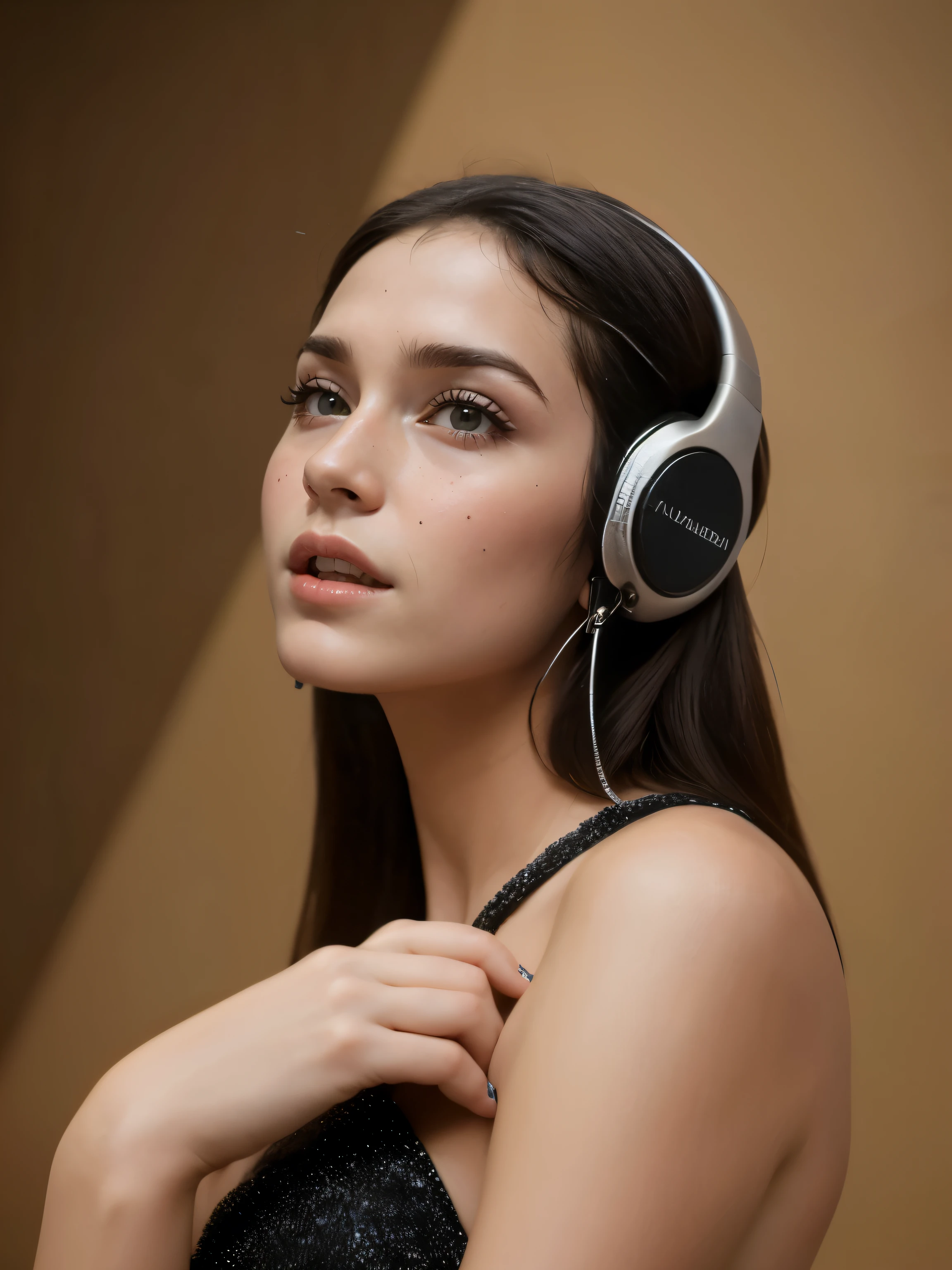 A beautiful lady, hand on chin, lavish party dress, pyramid architecture background, headphones, earrings, close up photoshoot, high detailed body