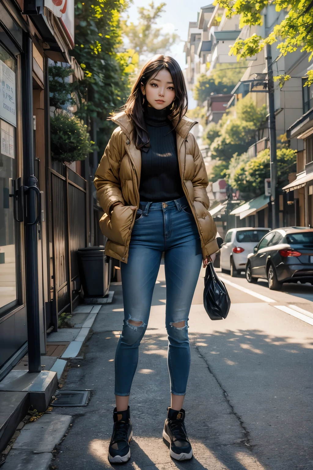 realistic photo of a fullbody korean girl was taken in bright sunlight on a residential street in winter Tokyo, she is wearing a dark blown puffer jacket and skinny jeans over a light beige ribbed turtleneck sweater, evoking the warm fashions of fall and winter, left to center is a block wall built behind her, she has one hand pinching a leaf growing from the top of the block wall above her head and the other hand dropping naturally to the side of her body, right side is the road, lush green trees and a partially visible blue sky add vitality to this photo in the background, pomegranate hangs from the branches of the trees, season is winter, lens flare effect of natural light on the right side of this photo, woman's expression is calm and she is looking serenely into the viewer, cars and houses in what appears to be a residential area are dimly visible in the distant background due to the blurring effect created by the shallow depth of field, lens 35mm f1.4, vignetting --ar 3:2 --style raw --v 6.0