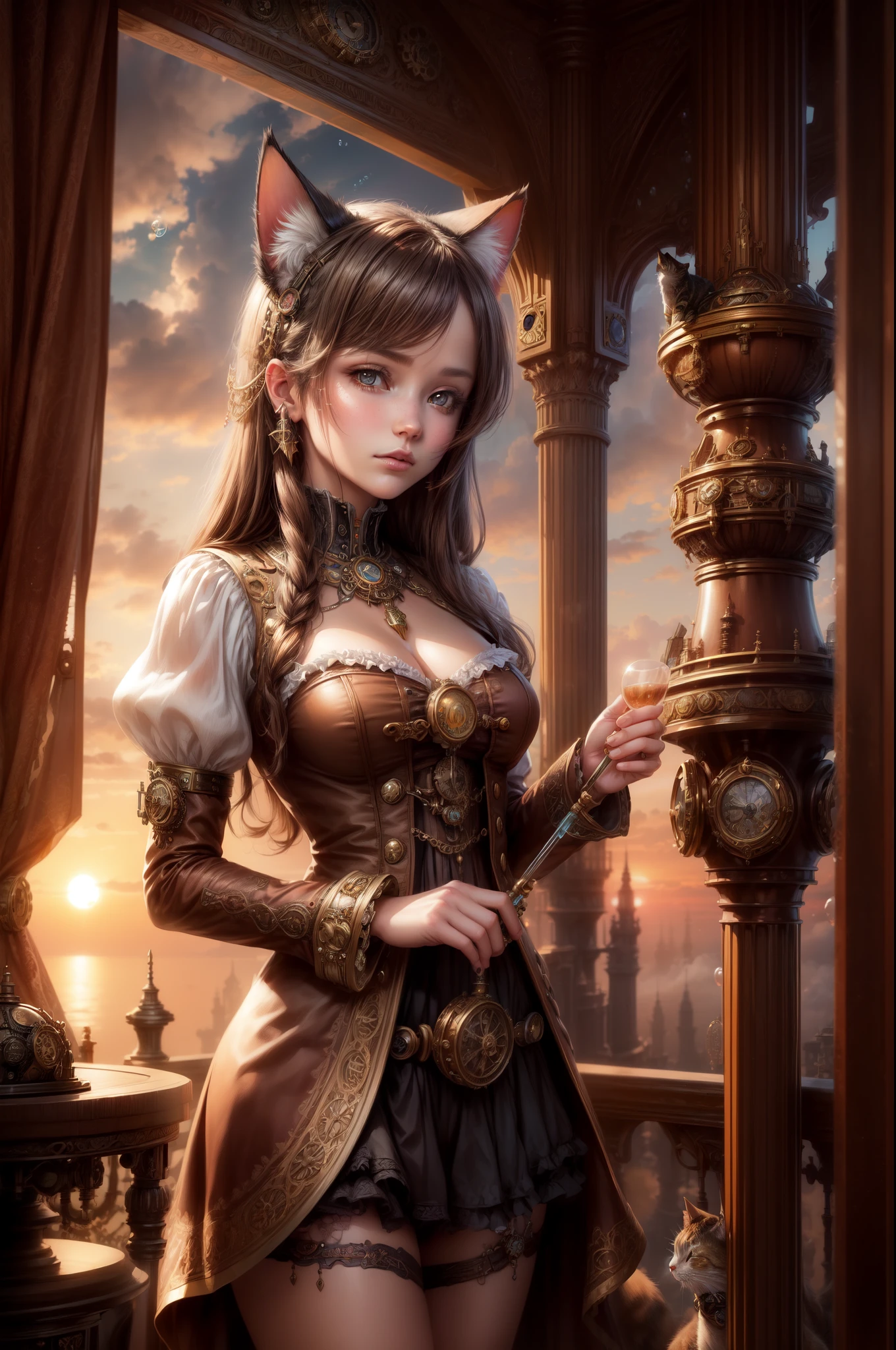 girl with cat ears, chica sexy, posing at full height , big breasts, 25 year old girls, divine face, beauty faces, High detail, lip beauty, photorealistic, ultra realistic, below, RTX activated, color correction, perspective, depth of field, line of sight, Tonal colors, 8k, full hd, perfectionism, edge lighting, light, Soft lighting, accent lighting, Diffraction evaluation, attractive woman , Super detailed, (( Beautiful detailed yellow cat eyes with a slit.. )) , ((curly brown hair )) , long straight hair, Braid hairstyle, ( Yellow medieval dress with corset..)