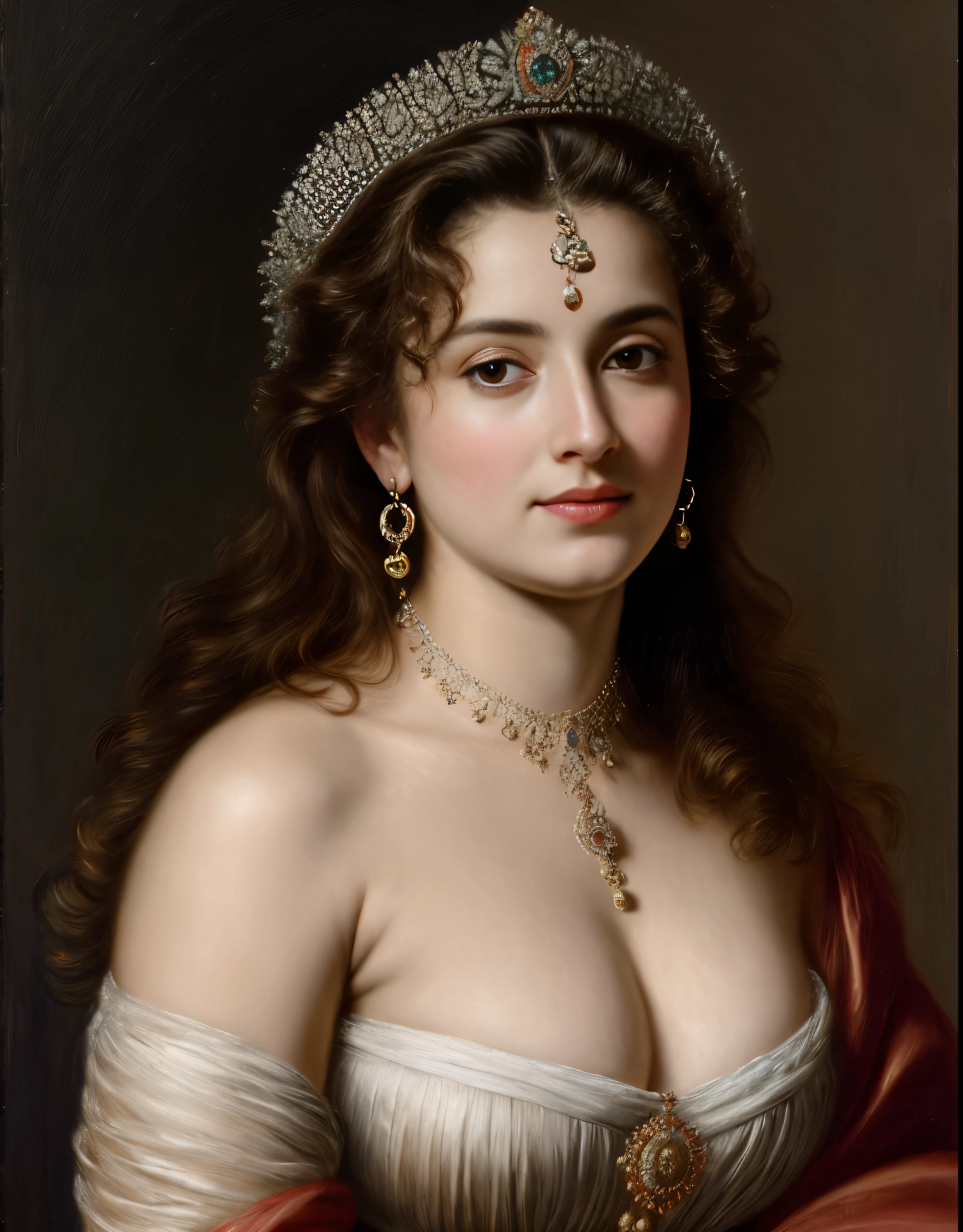 Best quality, highly detailed, masterpiece, Indian princess, Rajkanya, royal clothes, Masterpiece, extremely gorgeous woman, matchless Beauty, portrait, Peter Paul Rubens style, Woman, off shoulder bandeau crop blouse, middle ages, classicism, andrey atroshenko style, painting, long hair, styled hair, traditional media, realistic, figurative, fine art, detailed Art, oil on canvas, HDR, 8K, original character, high resolution, high detail, focus on the face, intricate, flawless, fluffy hair, Peter Paul Rubens style, By Peter Paul Rubens, sharp picture, avoid crown or mukut in picture,