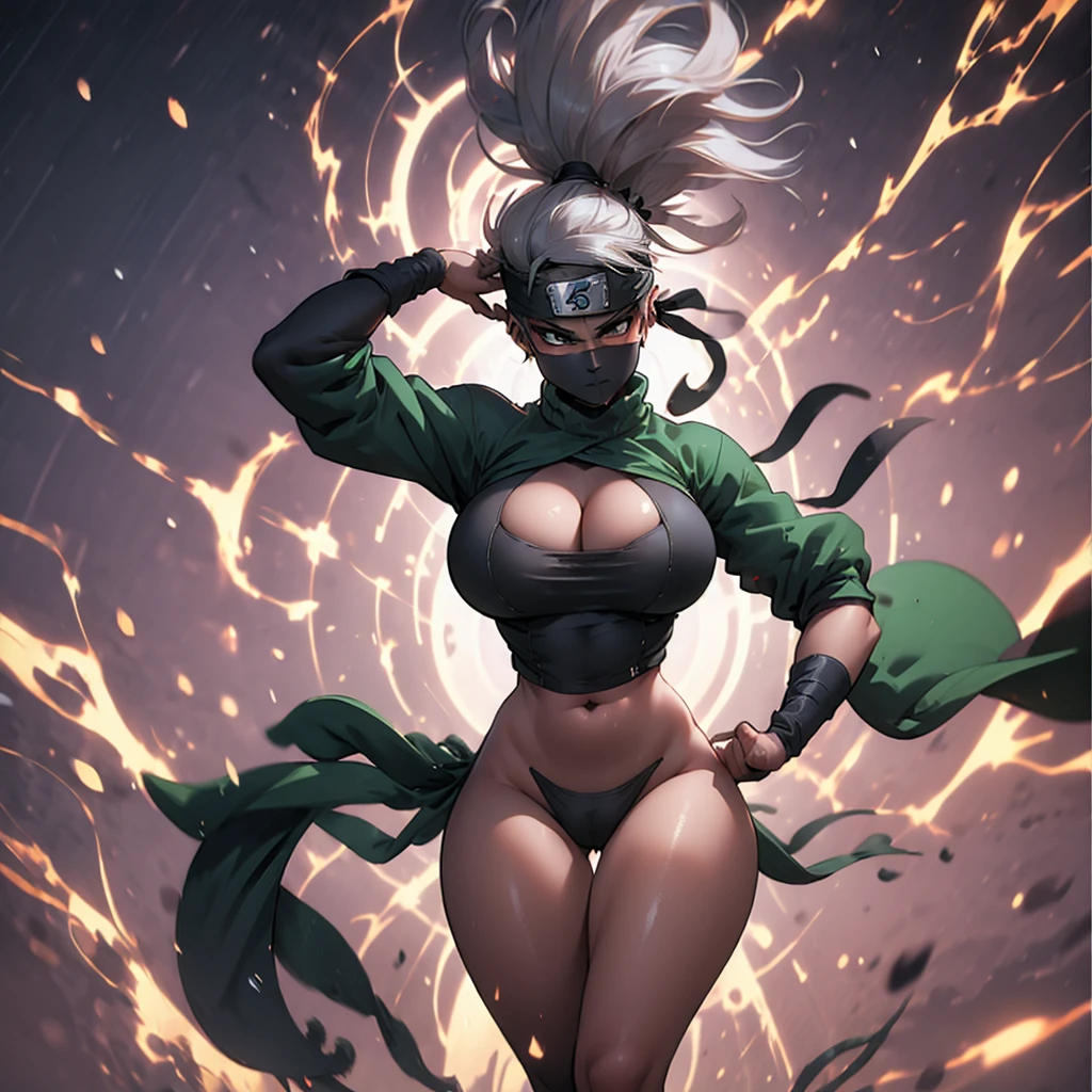 She-Hulk, with her impressive physique and green skin, stands confidently in the scene. Her massive breasts, resembling titanic structures, are accentuated by her form-fitting outfit. Her expression is bold and fierce, with her green eyes gleaming with determination. The background is simple, allowing the focus to be solely on her powerful presence, conveying her strength and unapologetic nature.