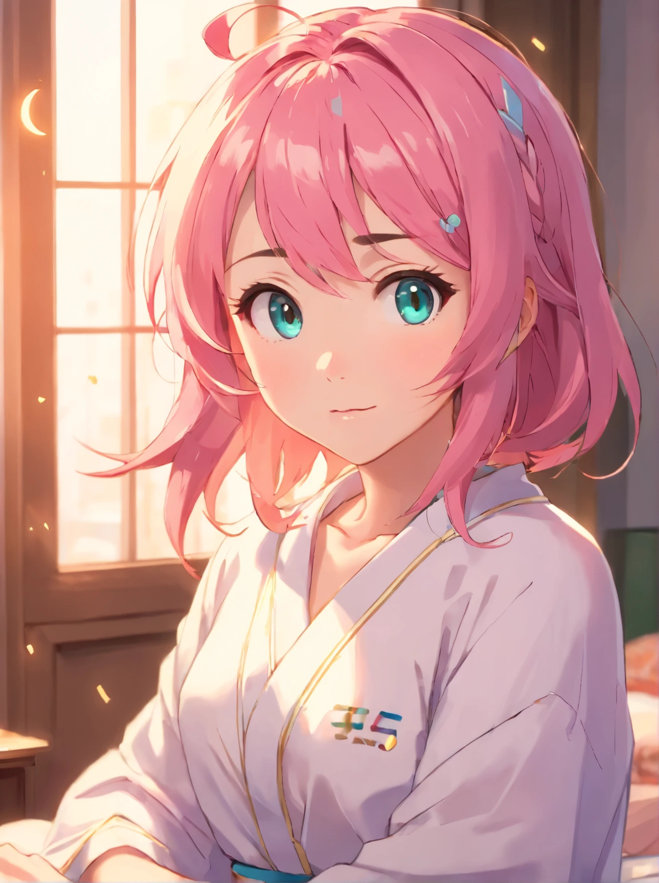 Physical Characteristics: Yume Ishida possesses a delicate and lithe frame, distinguished by her long bright pink hair cascading down her shoulders smoothly and her warm, bright and cute smile. Her eyes are light blue and reflect a dream-like quality. Standing at a slight 5’2”, her overall appearance is accentuated by a porcelain complexion with an otherworldly glow. Yume’s delicate and expressive facial features include high cheekbones and a slender nose. Yume’s unique personality is reflected in her choice of attire, cuteness with pajamas. A cute rubber bracelet adorns her wrist, adding a subtle accessory to her ensemble. Background is an apartment livingroom., (Your Name art style:1.5), (glow, sunrays, ethereal, dreamy, otherworldly, breathtaking, captivating, amazing composition) Angle and Depth: For a dynamic perspective, use a slightly left-tilted angle to lend depth and drama to the scene. Also, use a low-angle shot as well. Quality and Composition: Ensure the final piece is of high quality, resembling a masterpiece. The composition should be balanced and incredible, drawing the viewer's eye across the entire scene, from the head, through the torso, and finally resting on the legs below.