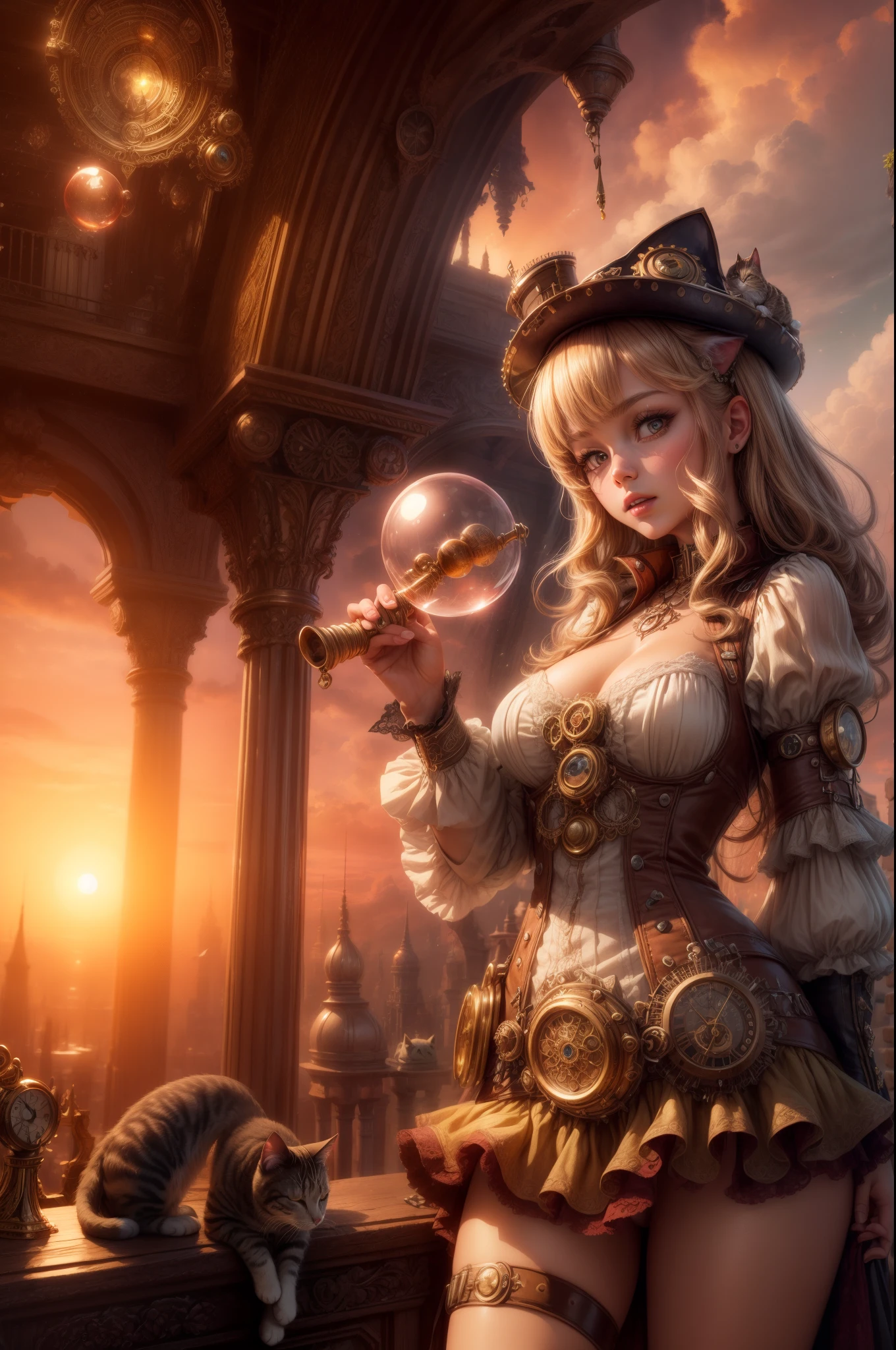 "((Steampunk fantasy)), (grand pipe organ), ((sunset-kissed clouds)), ((innocent girl)), ((floating bubbles)), ((mystical cat)), ((ornate pipes)), ((dreamlike atmosphere)), ((imaginative scene)), ((meticulously detailed))"