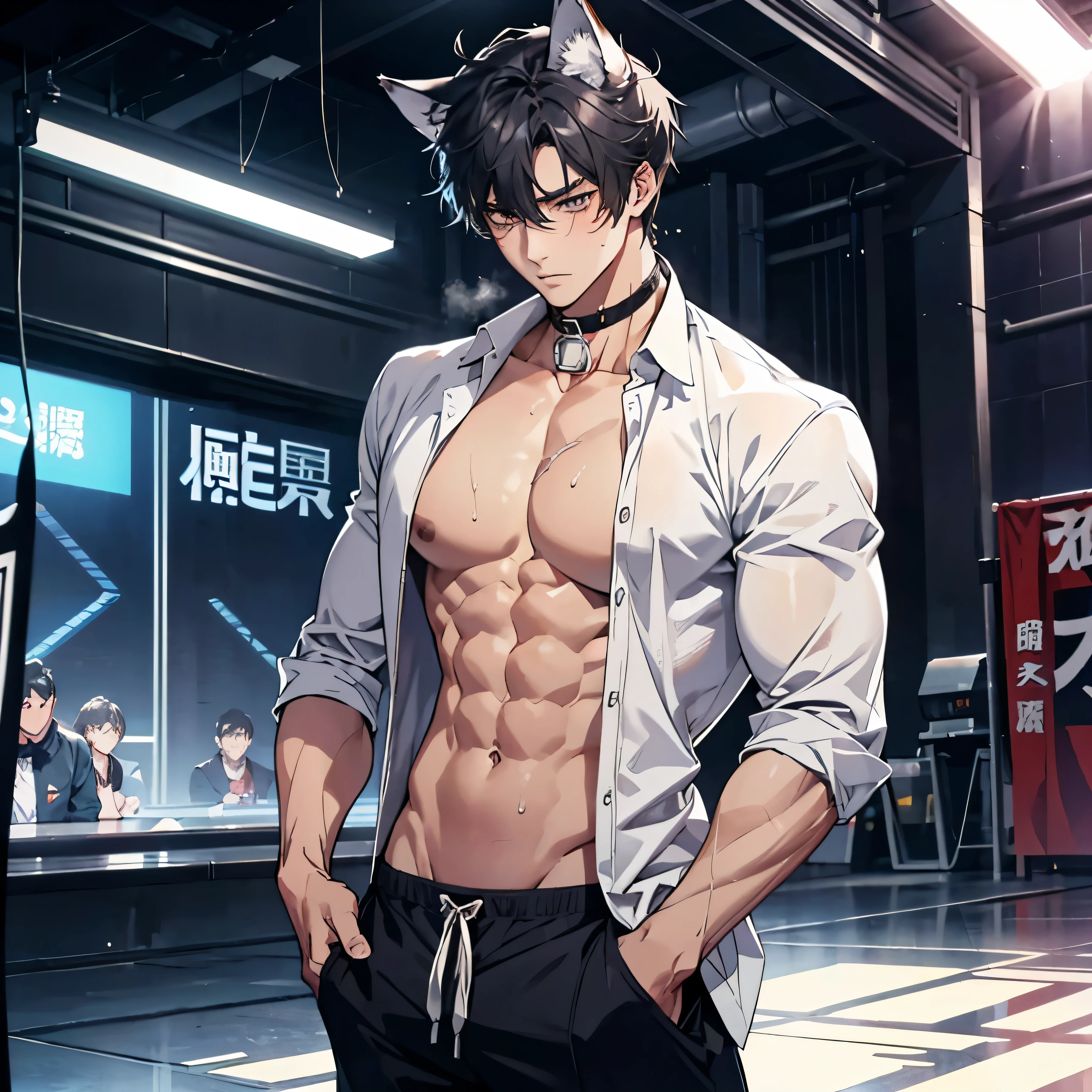 Beuatiful anime，handsome guy，muscle，abdominal muscles，sports student，(like)，open clothes，collar，wolf ears，露出muscle，Handsome，handsome guy，blush，(unbuttoned pants)，take off his pants，huge protrusion，and(Covered in sweat)，For the audience，look at me，Pull down your pants with your hands，wolf ears，脖子上戴着collar，male，性欲male，Let him wear no clothes，，take off your pants，