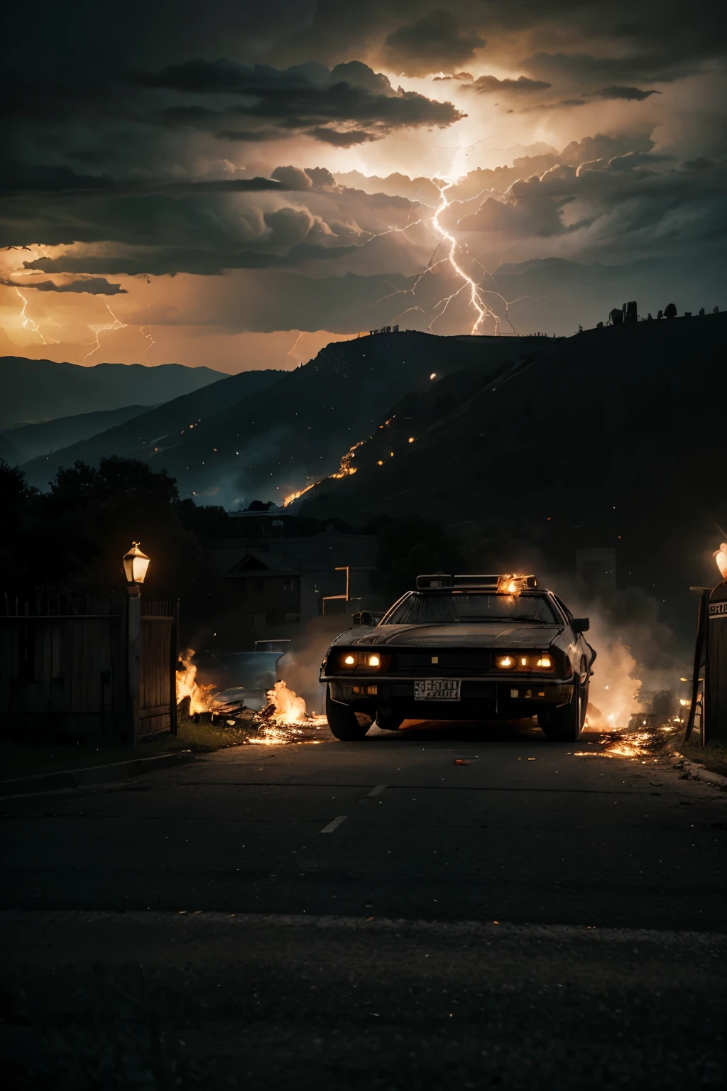 A car from a movie "Back to the future" flying over the hill of crosses, closed doors. A lot of burning objects, highly realistic, photorealistic, DSLR, dark mood, lightning, souls