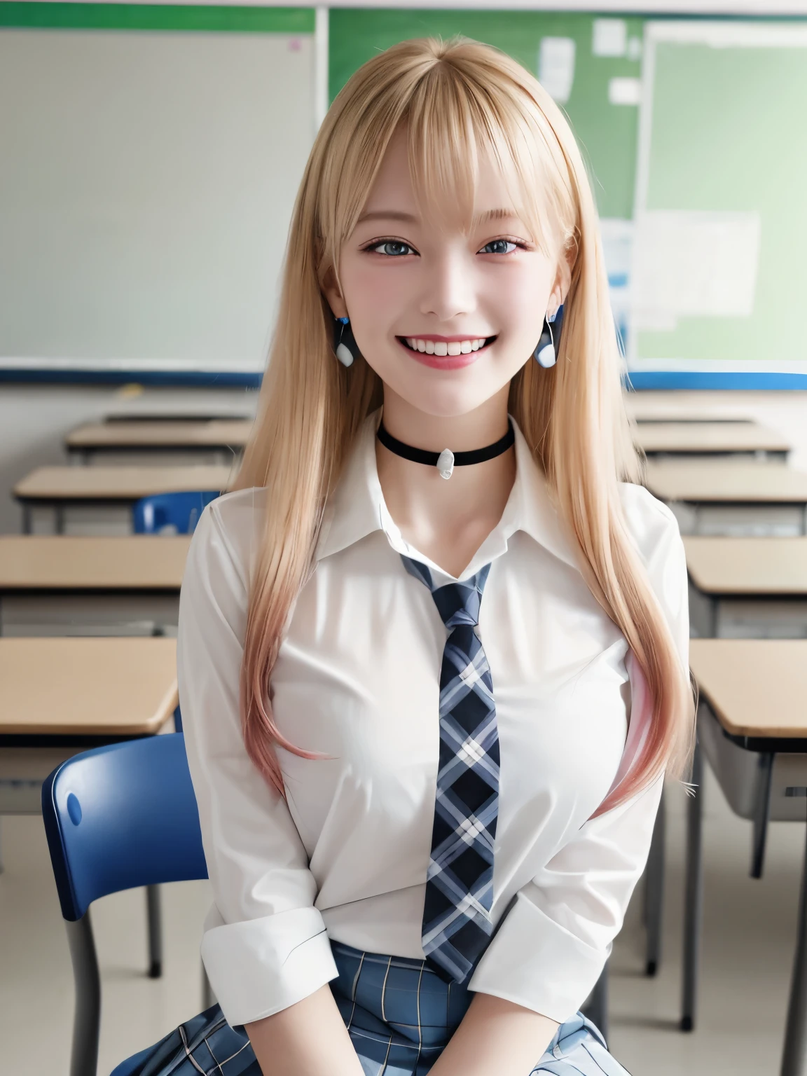 mix 4, (8K, RAW photo, highest quality, masterpiece: 1.45), (realistic, photorealistic: 1.37), Kitagawa Marine,  (blonde hair, pink gradient hair), ((long hair, Sink bangs,colorful hair, red eyes)),pose like a model,((Bold pose with forward bending posture))、(Sitting with legs wide open:1.3)、japanese woman, ,high school student、model body shape, (big breasts:1.3), thin waist, beautiful face, beautiful eyes, , jewelry,earrings, white shirt, Tied shirts, black choker,  blue tie, plaid skirt,  grin and laugh, smile, Are standing, cowboy shot, inside the school、classroom、sitting in a chair、hight school, 1 girl, alone, detailed face and eyes, upper body photo. realistic, realistic.MarinGyaru,school_uniform