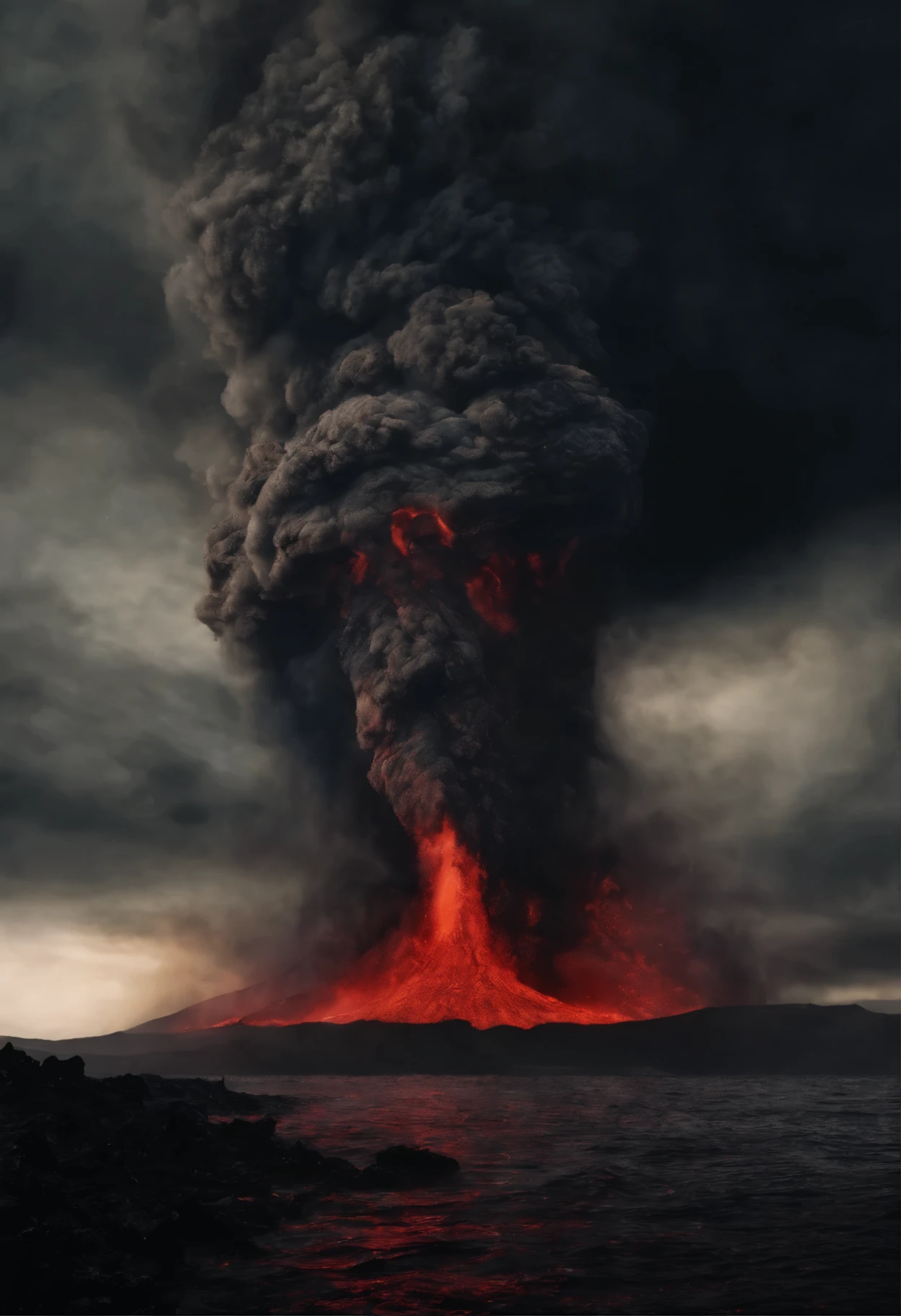 （volcano exploding：1.37），（Undersea volcanic eruption),Four pieces of hot magma，Scorched black rock， (Sky volcanic ash），beachside，（rolling waves：1.0），Fire red sky，destroy，inverted image，Epic graphics，shocking effects，,Photography,Barnett S.....,Photorealism,Imaginative,Otherworldly,Image from the work of Darren Aronofsky,Quixel Megascans Render,The picture is from Roger Deakins's work,Bottom view,Beautiful lighting, --AR 9:16 --V 5.2 --Upper Beta --Stop 80