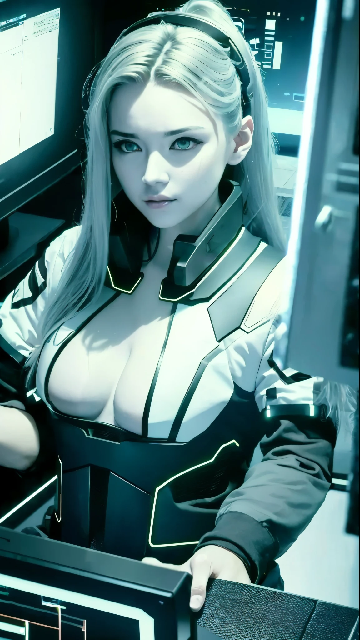 cyberpunk hacker, ((Best quality)), ((masterpiece)), (highly detailed:1.3), 3D, beautiful (cyberpunk:1.3) female hacker with thick voluminous hair operating a computer terminal, computer servers, LCD screens, fibre optic cables, corporate logos,HDR (High Dynamic Range),Ray Tracing,NVIDIA RTX,Super-Resolution,Unreal 5,Subsurface scattering,PBR Texturing,Post-processing,Anisotropic Filtering,Depth-of-field,Maximum clarity and sharpness,Multi-layered textures,Albedo and Specular maps,Surface shading,Accurate simulation of light-material interaction,Perfect proportions,Octane Render,Two-tone lighting,Low ISO,White balance,Rule of thirds,Wide aperature,8K RAW,Efficient Sub-Pixel,sub-pixel convolution,luminescent particles,