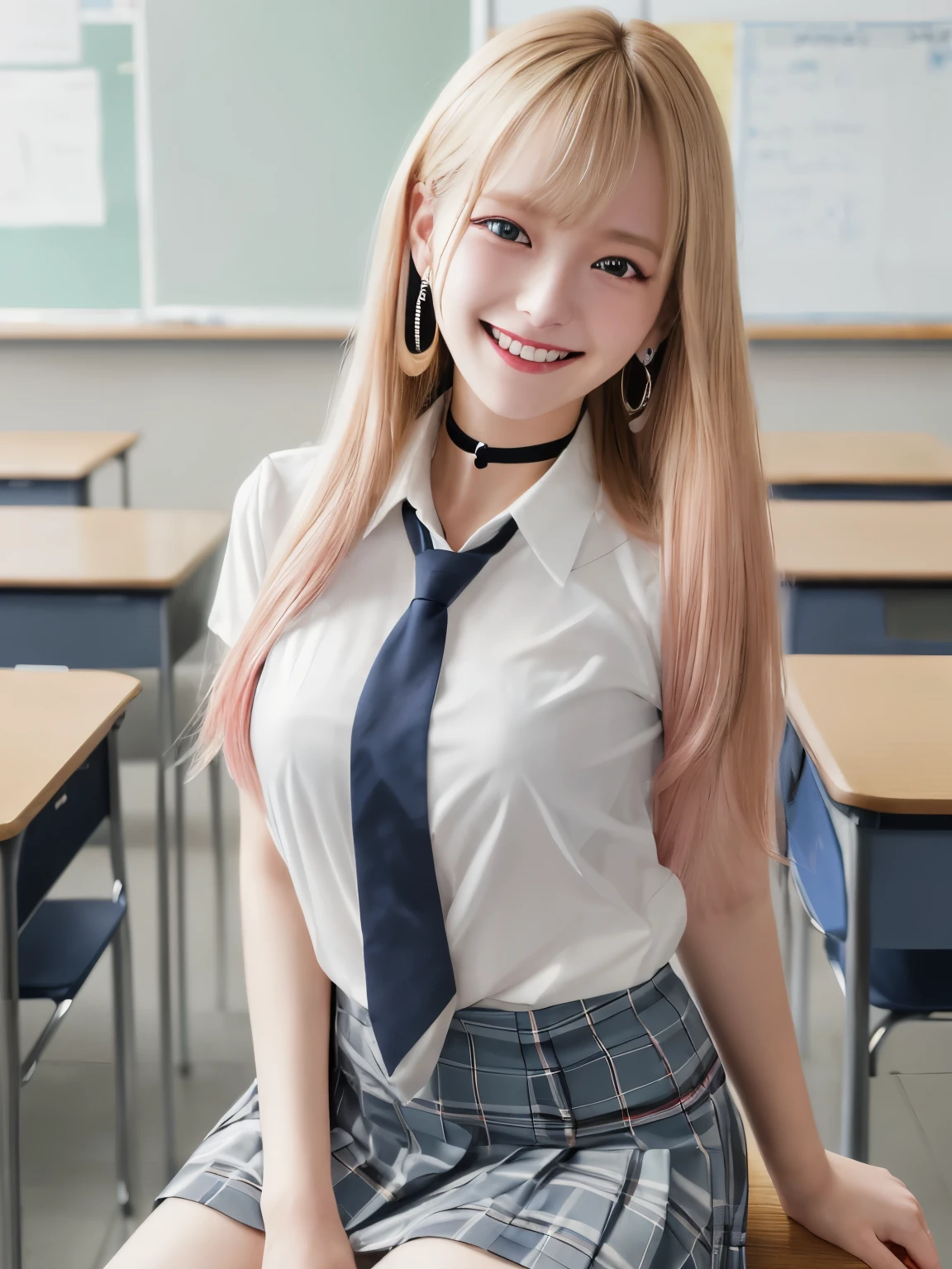 mix 4, (8K, RAW photo, highest quality, masterpiece: 1.45), (realistic, photorealistic: 1.37), Kitagawa Marine,  (blonde hair, pink gradient hair), ((long hair, Sink bangs,colorful hair, red eyes)),pose like a model,((Bold pose with arms above head))、japanese woman, 16 years old,high school student、model body shape, (big breasts:1.3), thin waist, beautiful face, beautiful eyes, , jewelry,earrings, white shirt, Tied shirts, black choker,  blue tie, plaid skirt,  grin and laugh, smile, Are standing, cowboy shot, inside the school、classroom、sitting in a chair、hight school, 1 girl, alone, detailed face and eyes, upper body photo. realistic, realistic.MarinGyaru,school_uniform