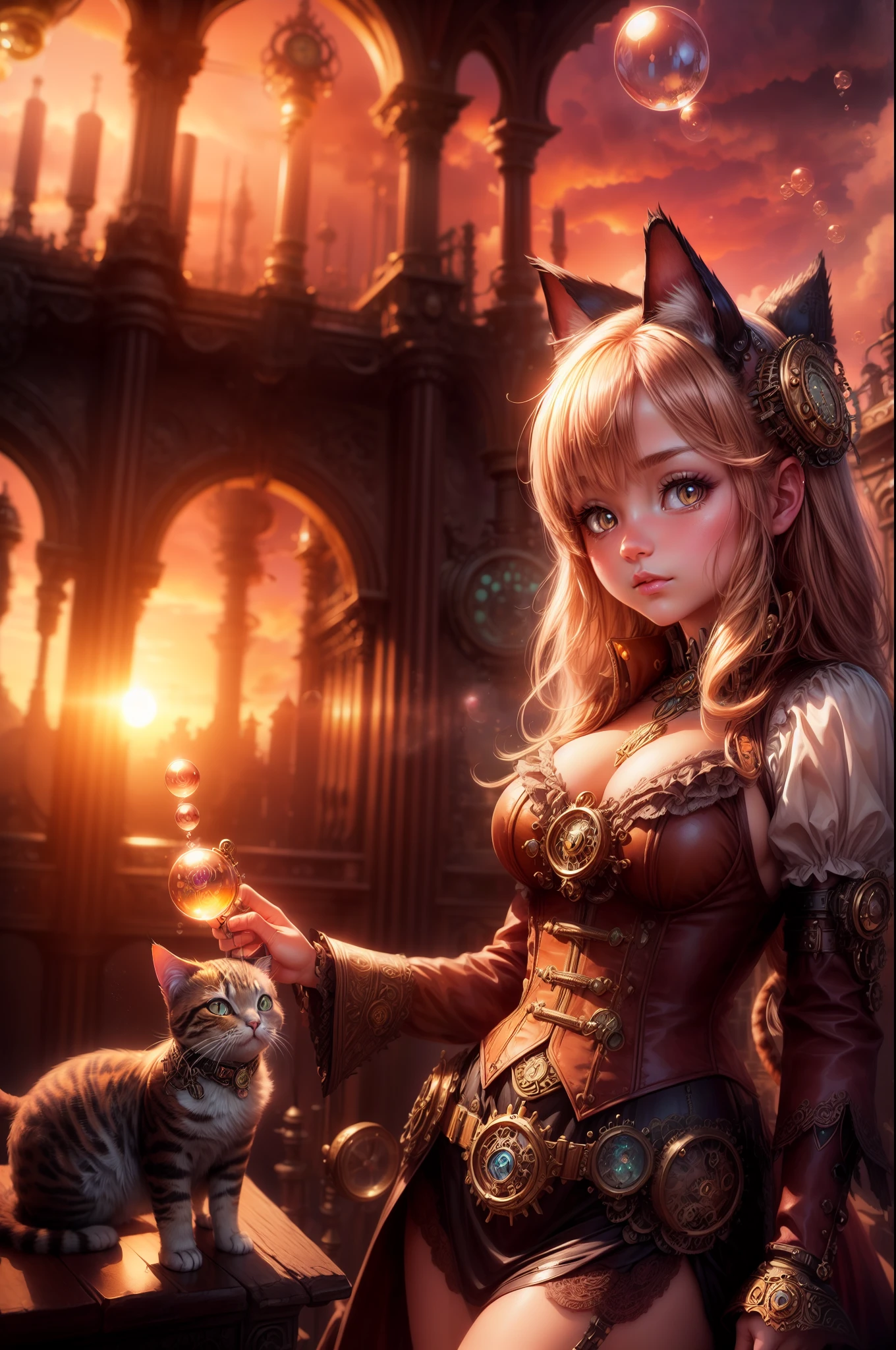 "((Steampunk fantasy)), (grand pipe organ), ((sunset-kissed clouds)), ((innocent girl)), ((floating bubbles)), ((mystical cat)), ((ornate pipes)), ((dreamlike atmosphere)), ((imaginative scene)), ((meticulously detailed))"