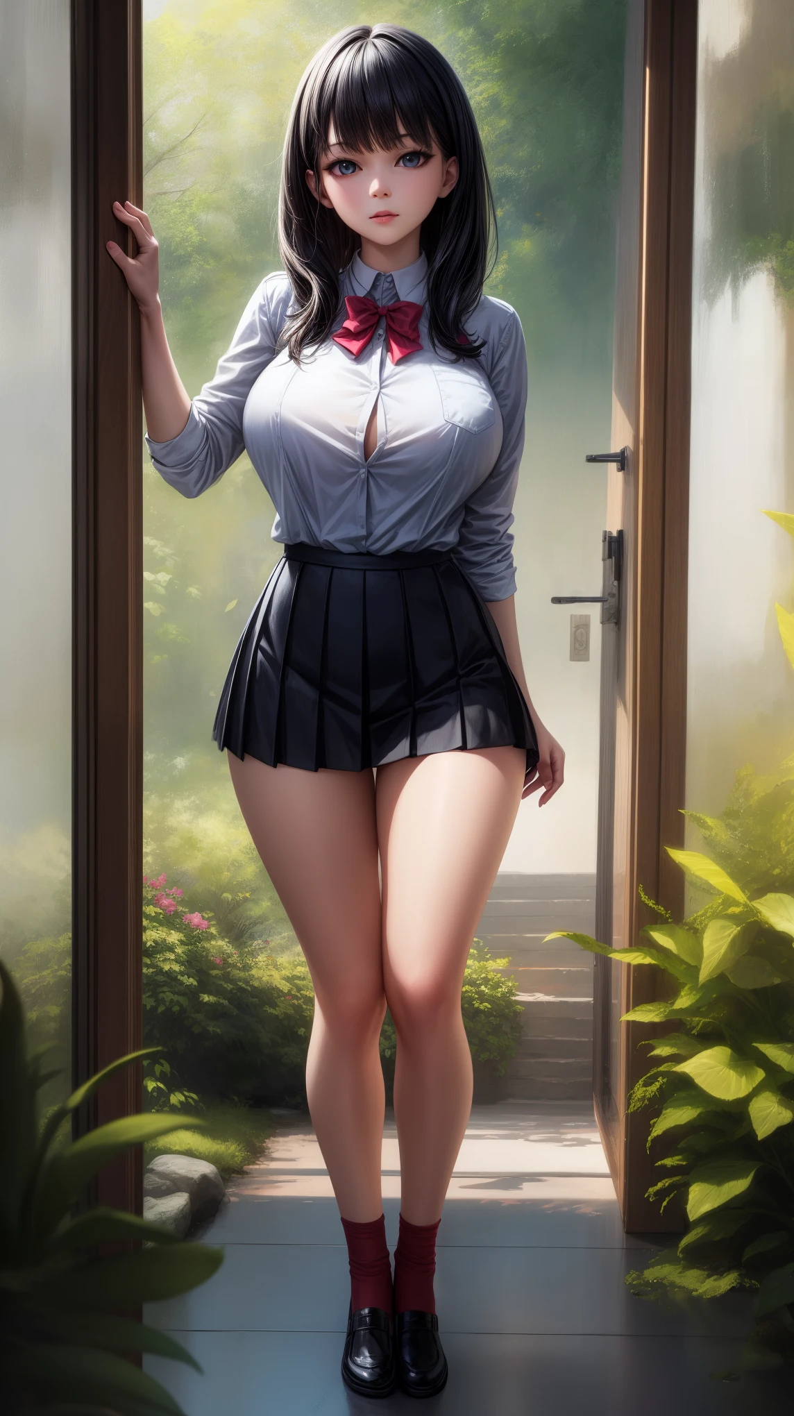 anime female character in school uniform, with short skirt,
BREAK
, rikka takarada, black hair, blue eyes, long hair, orange scrunchie, scrunchie, wrist scrunchie, (Beautiful,Huge_Breasts:1.3),
BREAK
, 1girl, solo, Standing in the garden, full body, full figure,
BREAK
, A breathtakingly beautiful garden filled with vibrant flowers, lush green plants, and a crystal-clear pond. The air is filled with the sweet scent of blooming flowers, and rays of golden sunlight gently filter through the leaves, creating a magical atmosphere, 
BREAK
, black footwear, black skirt, bow, bowtie, buttons, cardigan, collared shirt, long sleeves, microskirt, pleated skirt, red bow, red bowtie, red socks, school uniform, shirt, shoes, skirt, socks, thighs, white cardigan, white shirt, short skirt, 
BREAK
, beautiful detailed eyes, beautiful detailed lips, extremely detailed eyes and face, long eyelashes,
BREAK
, medium: oil painting, atmospheric lighting, dreamy color palette, detailed interior decoration, quiet and peaceful ambiance,
BREAK
, (best quality,4k,8k,highres,masterpiece:1.2), ultra-detailed, official art, extremely detailed CG unity 8k wallpaper, perfect lighting, Colorful, (best_quality:1.0), ultra high res,4K, ultra-detailed, 8K, HDR, high resolution,  absurdres:1.2, film grain, blurry background, (vibrant_color:1.2), (beautiful_face:1.5), (narrow waist),