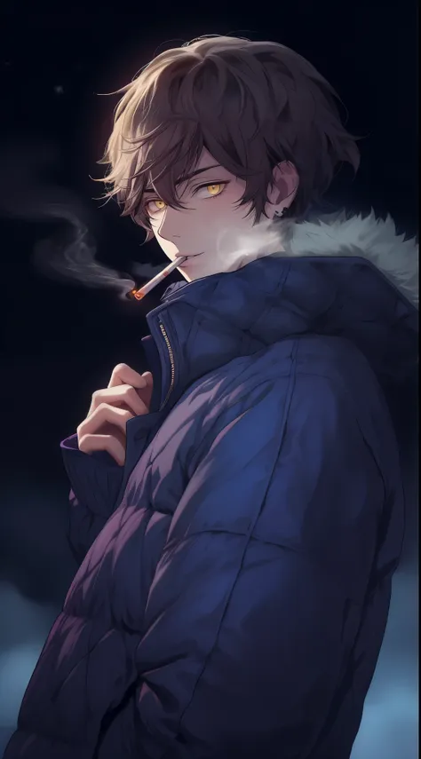 beautiful young man, brown hair, short hair, yellow eyes, blue quilted coat, smokes, night, smoke,high quality, amount of drawin...