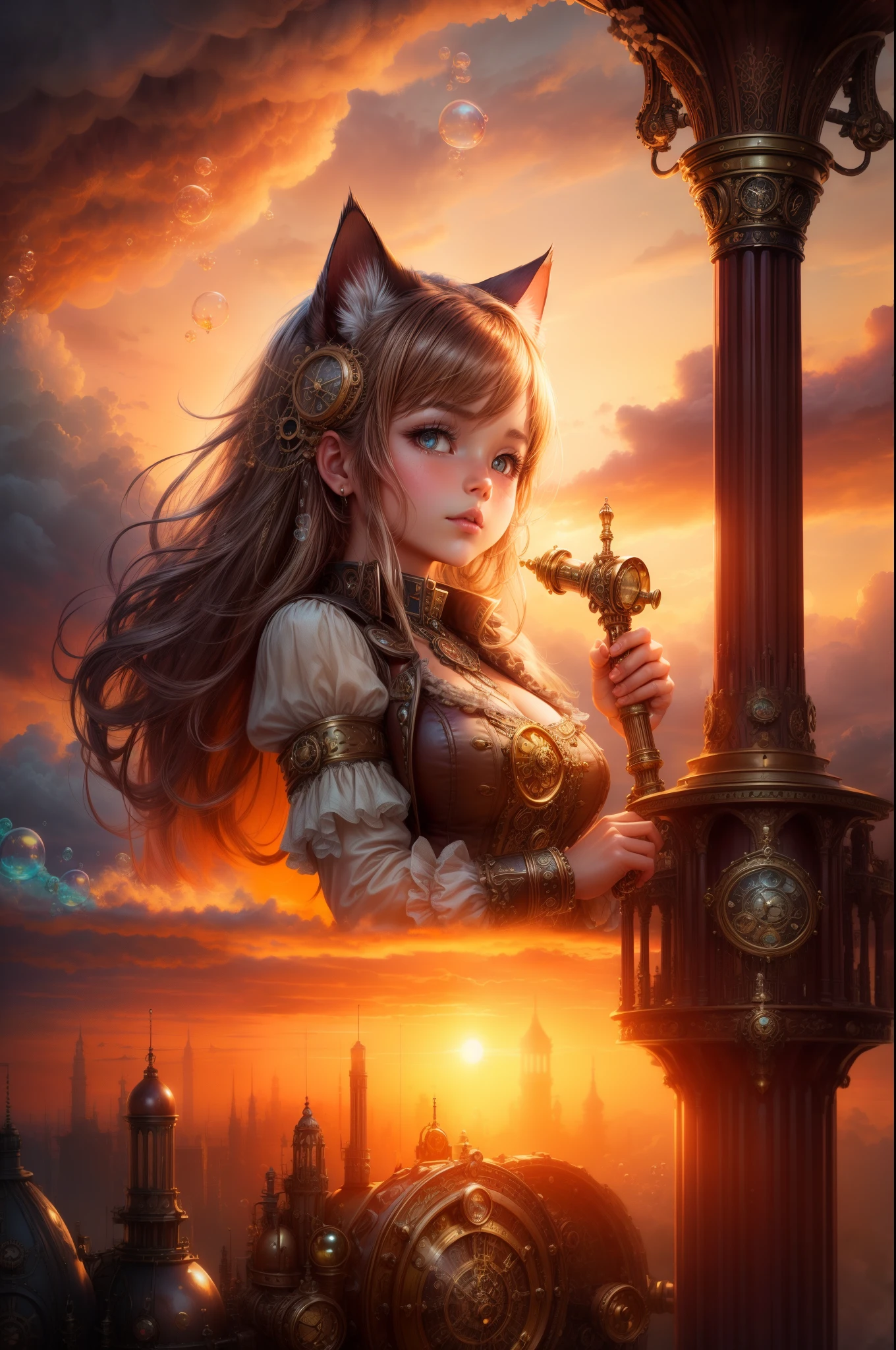 "((Steampunk fantasy)), (grand pipe organ), ((sunset-kissed clouds)), ((innocent girl)), ((floating bubbles)), ((mystical cat)), ((ornate pipes)), ((dreamlike atmosphere)), ((imaginative scene)), ((meticulously detailed))"