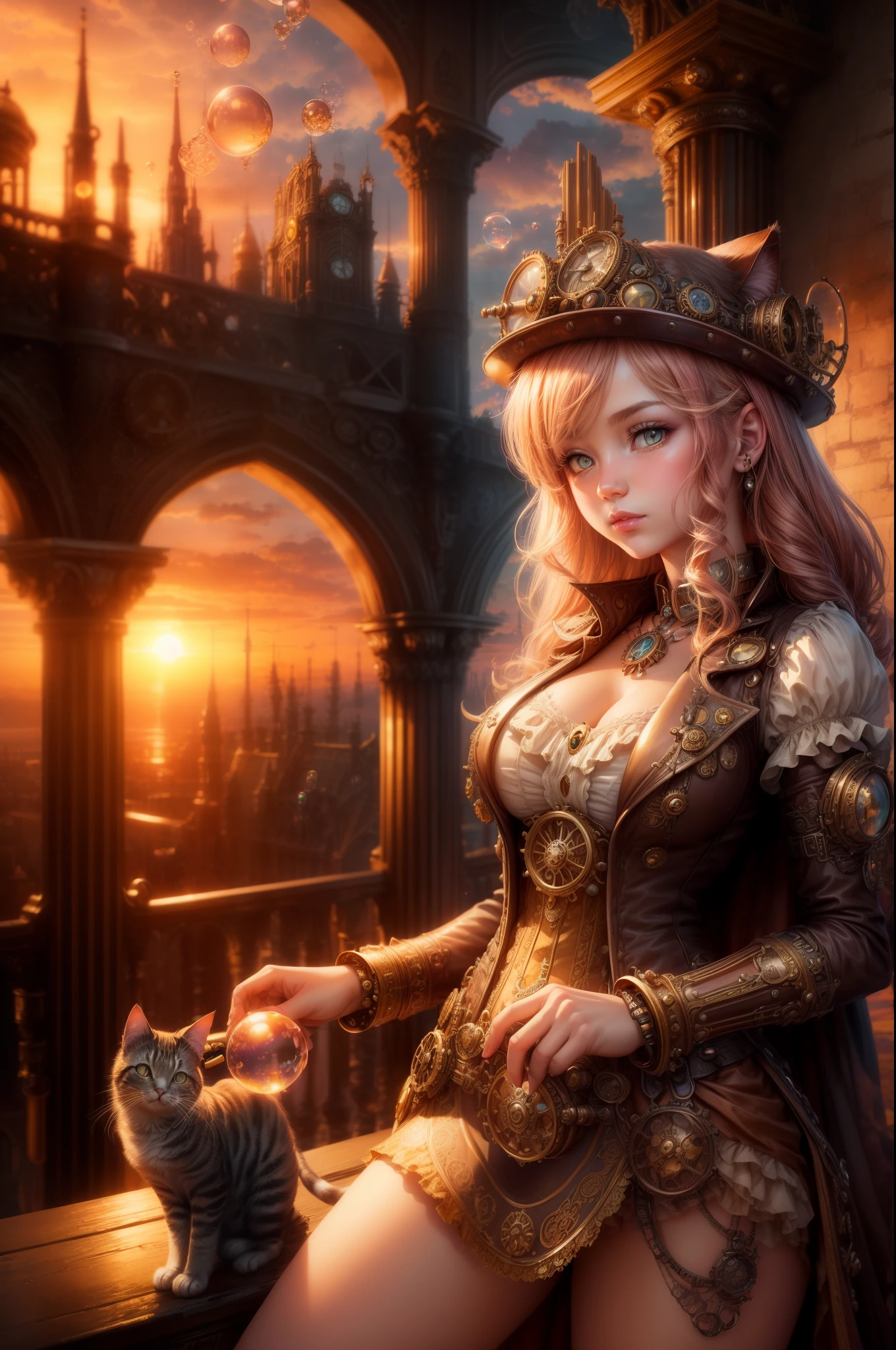 "((Steampunk fantasy)), (grand pipe organ), ((sunset-kissed clouds)), ((innocent girl)), ((floating bubbles)), ((mystical cat)), ((ornate pipes)), ((dreamlike atmosphere)), ((imaginative scene)), ((meticulously detailed))"