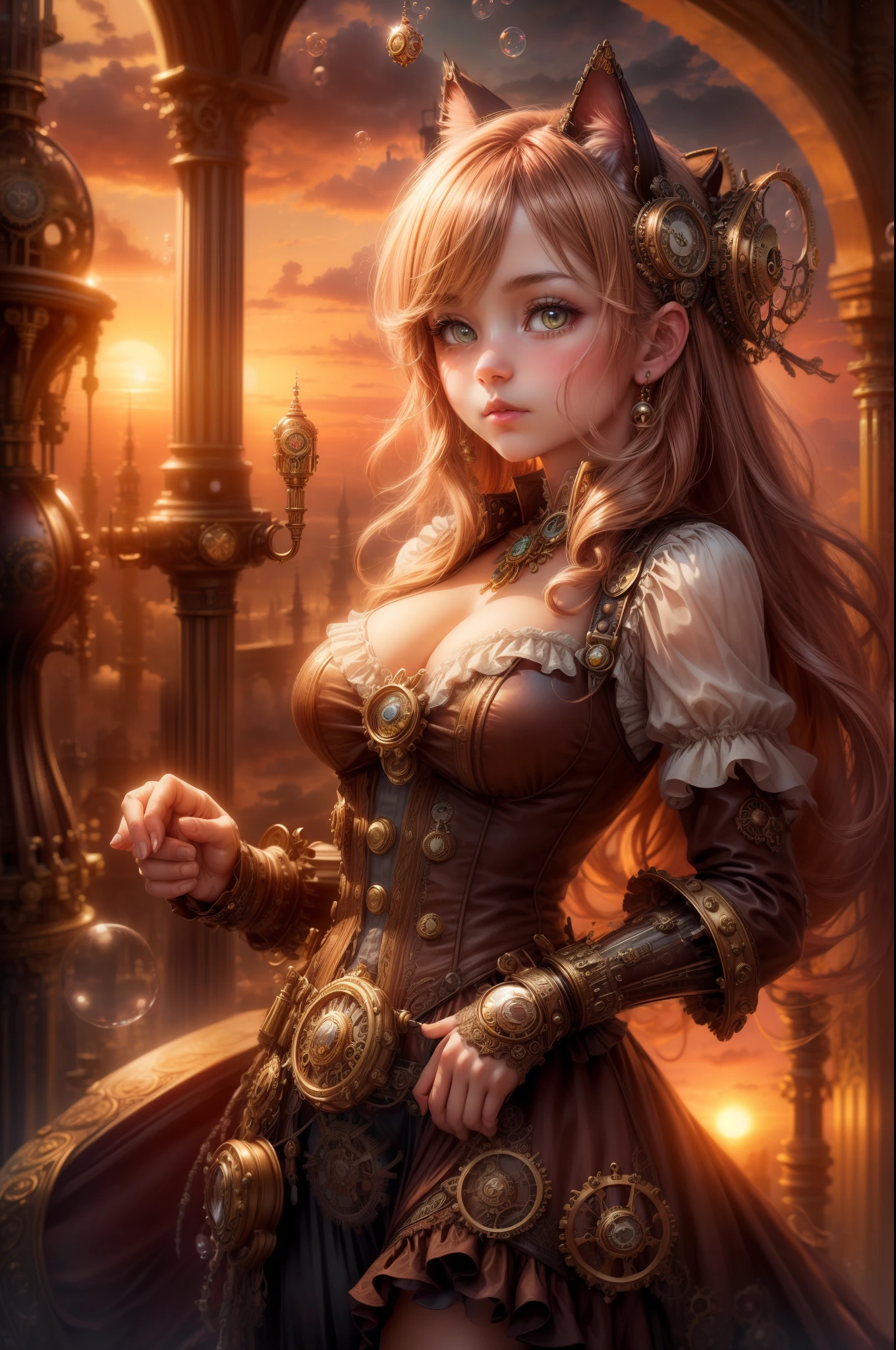 "((Steampunk fantasy)), (grand pipe organ), ((sunset-kissed clouds)), ((innocent girl)), ((floating bubbles)), ((mystical cat)), ((ornate pipes)), ((dreamlike atmosphere)), ((imaginative scene)), ((meticulously detailed))"