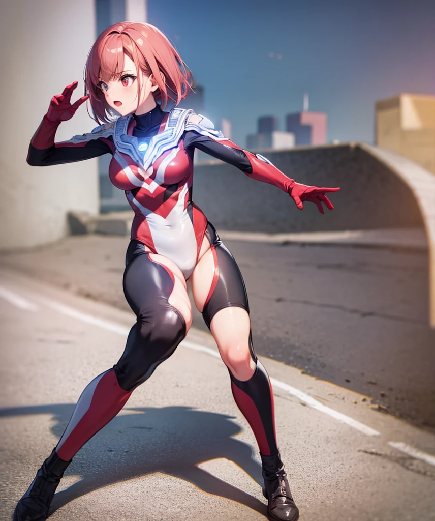 girl, redhead,short bob,red eyes, (Ultra Girl :1.0), ultraman bodysuit, Upper body, stylish pose, ,fist,butt,back view