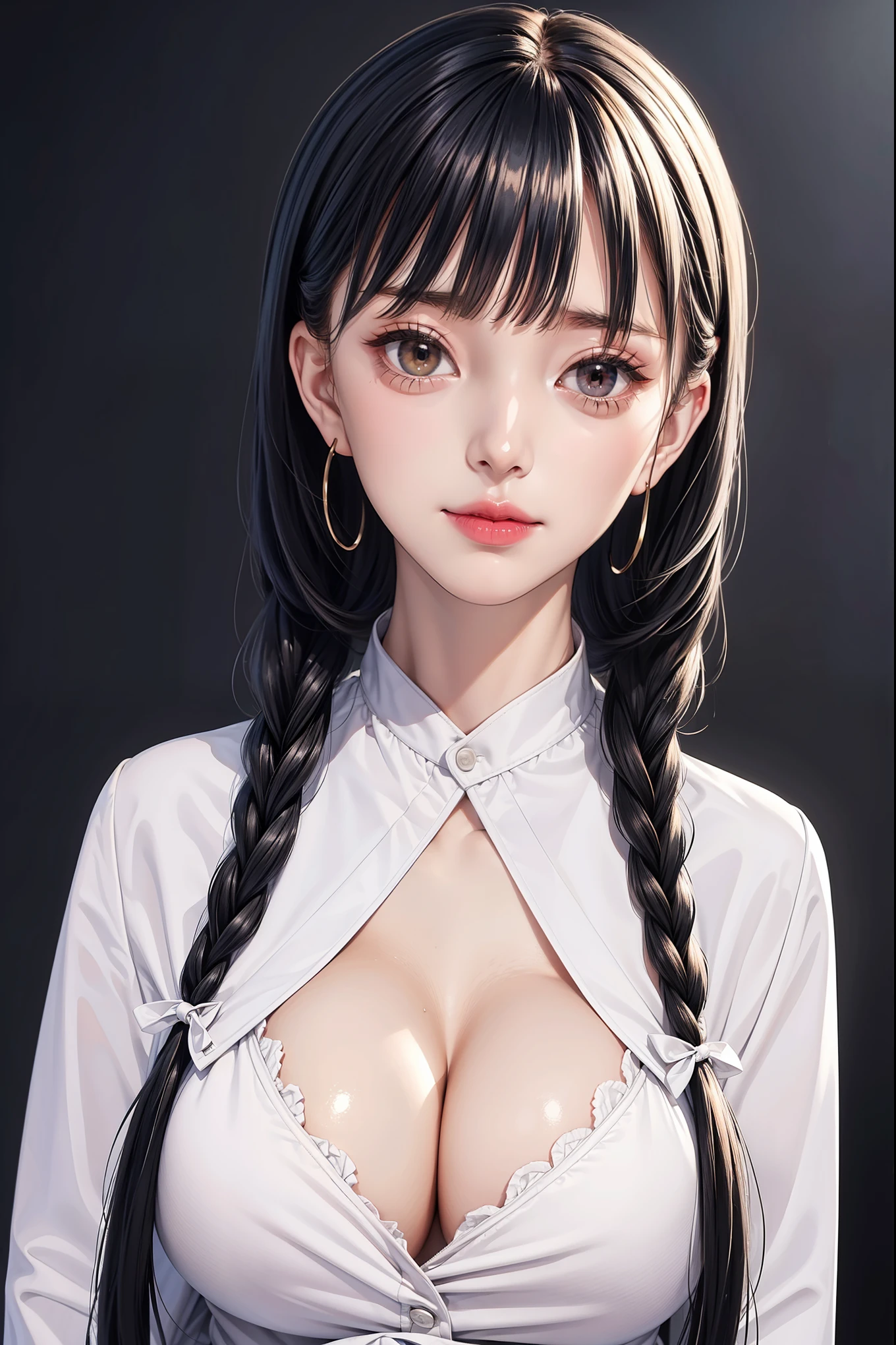 Simple white background, bow ribbon_collar,clavicle, long_sleeve, Open_clothing, Open_jacket, Red_jacket, white_shirt, Bangs, Black_Eye, Black_hair, blunt_Bangs,long_hair,Single braid, 1 girl, 20 years old,infp young woman,beautiful Finger,beautiful long legs,beautiful body, beautiful nose,beautiful character design, 完美的Eye, 完美的Face,富有表现力的Eye,Perfect balance, looking at the audience,(焦点集中在她的Face上),Keep your mouth shut, (Innocent_big deal_Eye:1.0),(Light_Smile:1.0), official art,the Extremely Detailed CG Unity 8k Wallpapers, Perfect 灯Light,colorful, bright_front_Face_灯Light,White skin, (on the table:1.0),(the best_quality:1.0), 超high resolution,4K,Super detailed, photography, 8k, north african trade zone, high resolution, absurd:1.2, Kodak Portrait 400, film grain, blurred background, Bokeh:1.2, 镜头Light晕, (energetic_color:1.2),专业photography, (beautiful,big deal_breast:1.4), (beautiful_Face:1.5),(narrow_waist),