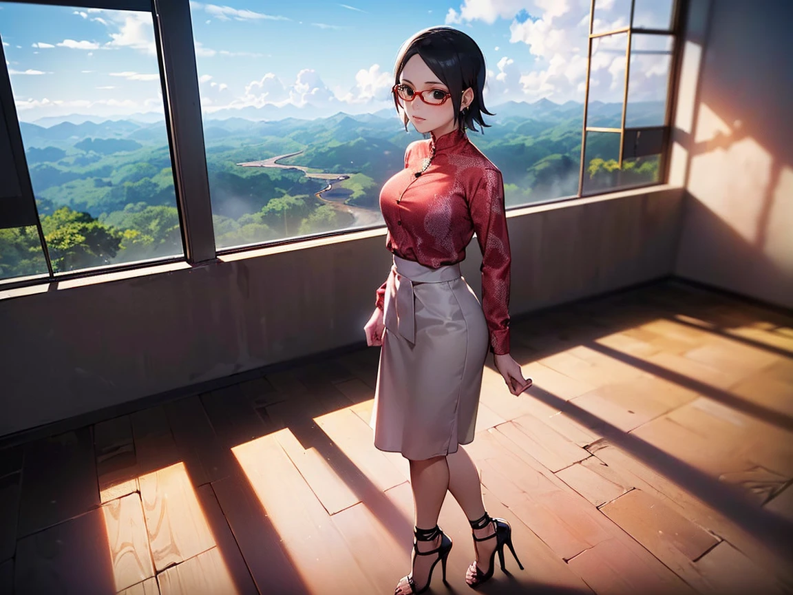 ((Sarada Uchiha with short hair, black eyes)), (wearing prescription glasses). (((She is wearing a Nude Skirt and Snake Print Blouse set, high heels and fine gold jewelry))), ((she is standing in a meeting room with a large window overlooking the Amazon rainforest)), sky with some clouds. With the dramatic lighting of the sun highlighting her body. Red lipstick.
