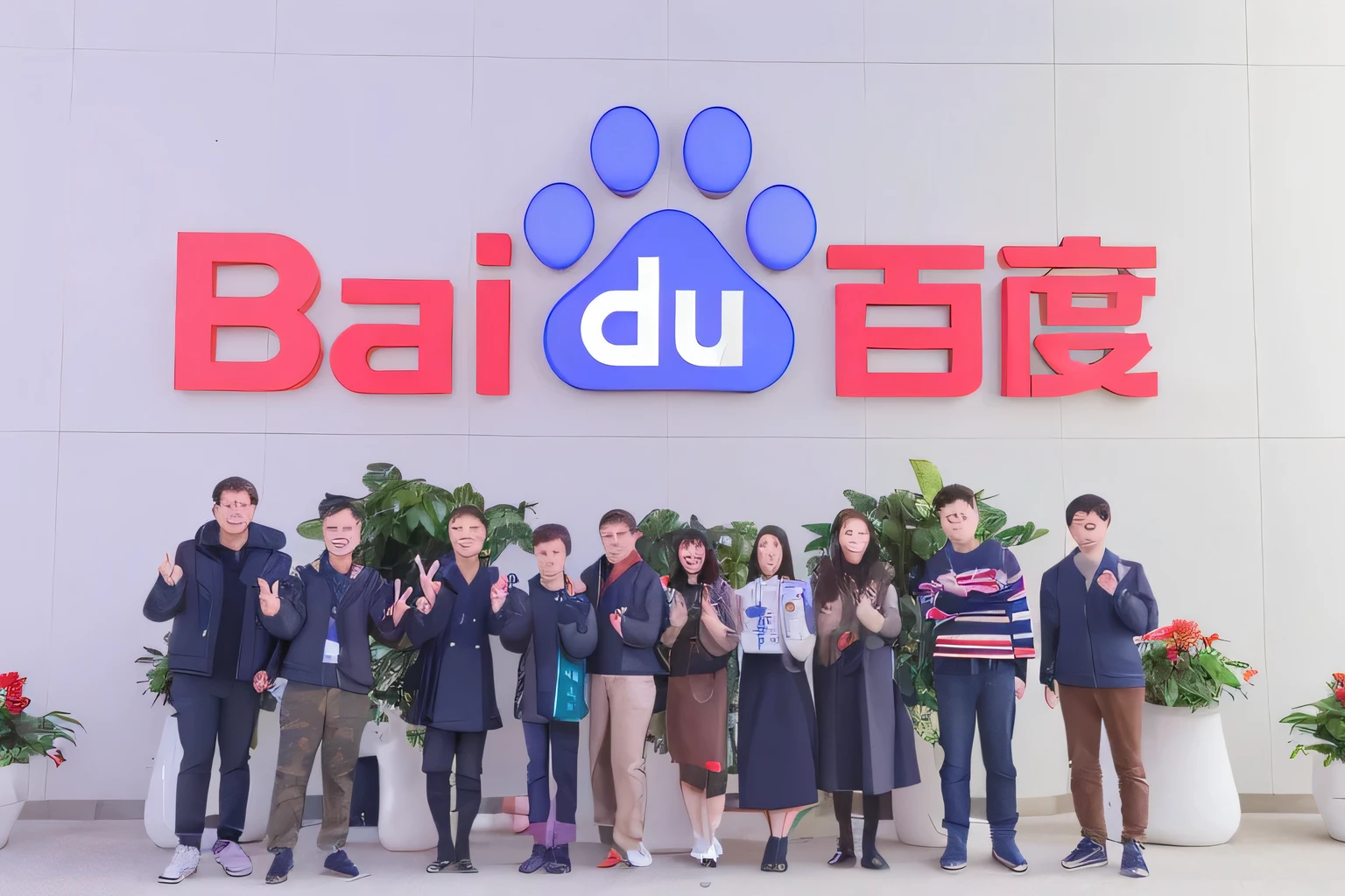 Ten people stood in a row,4 boys,6 items,Behind it is the Baidu logo,very happy,Facial expressions are very clear