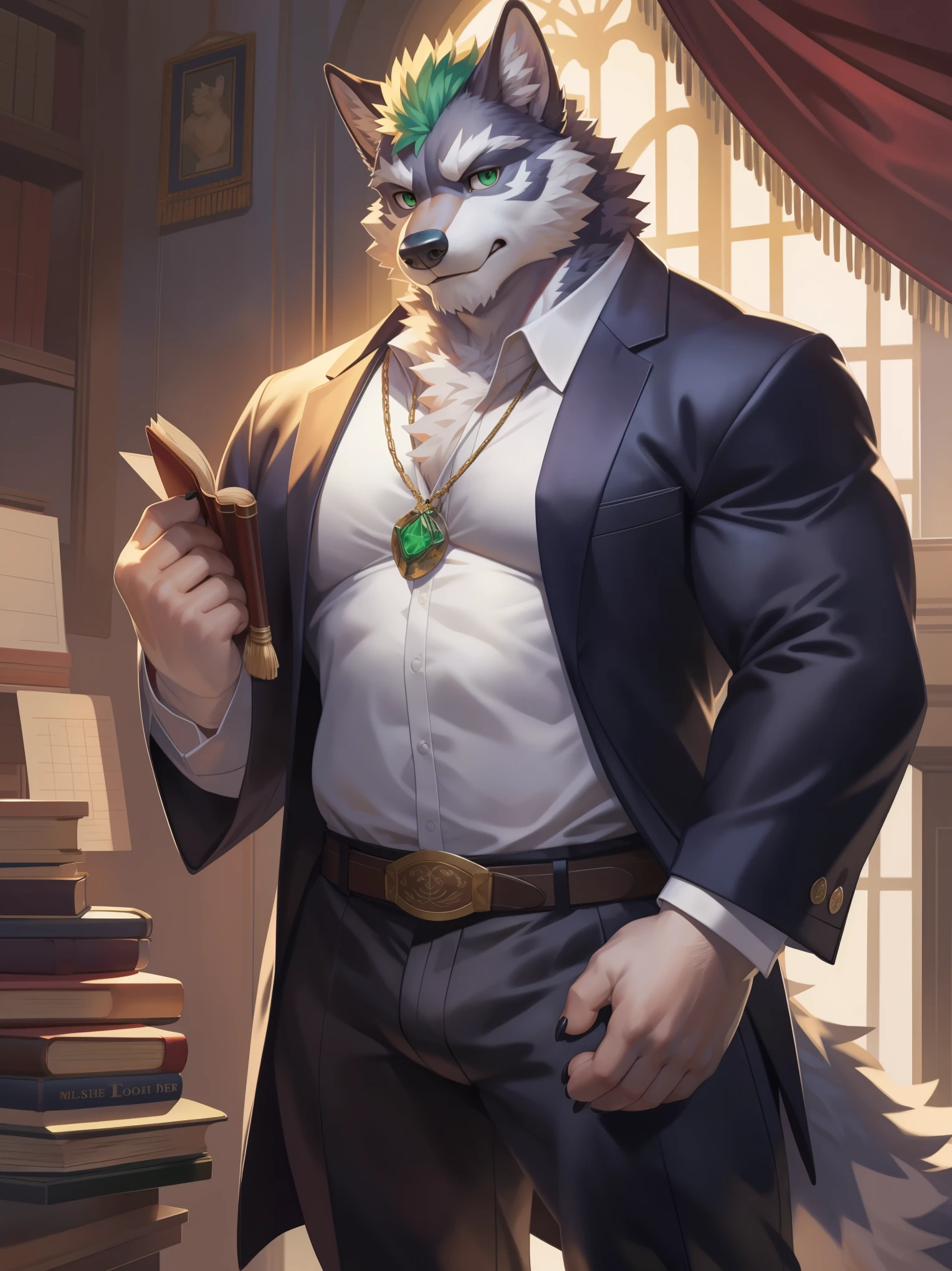 solo,anthro,furry,furry male, Wolf, ((fluffy fur,fluffy,furry body)), (white fur, wolf print), (grey body), emerald green eyes, reading glasses, tail, green mohawk, detailed fluffy fur, white jacket, detailed face, detailed eyes, decorative dress shirt, white shirt, black pants, book in hand, magic runes, tome, detailed chest, detailed abs, black slack pants, decorative coat, decorative belt, gold trimmings, padded armor, violin,  full body, claws, fantasy grand class room, (by null-ghost,by raccoon21, masterpiece, high quality,hi-res,8k had), standing,close-view portrait, looking at viewer, indoor, lights, serious expression, angry, dark shadows, banners, pose, carpet, flag, black board, papers, globe,
